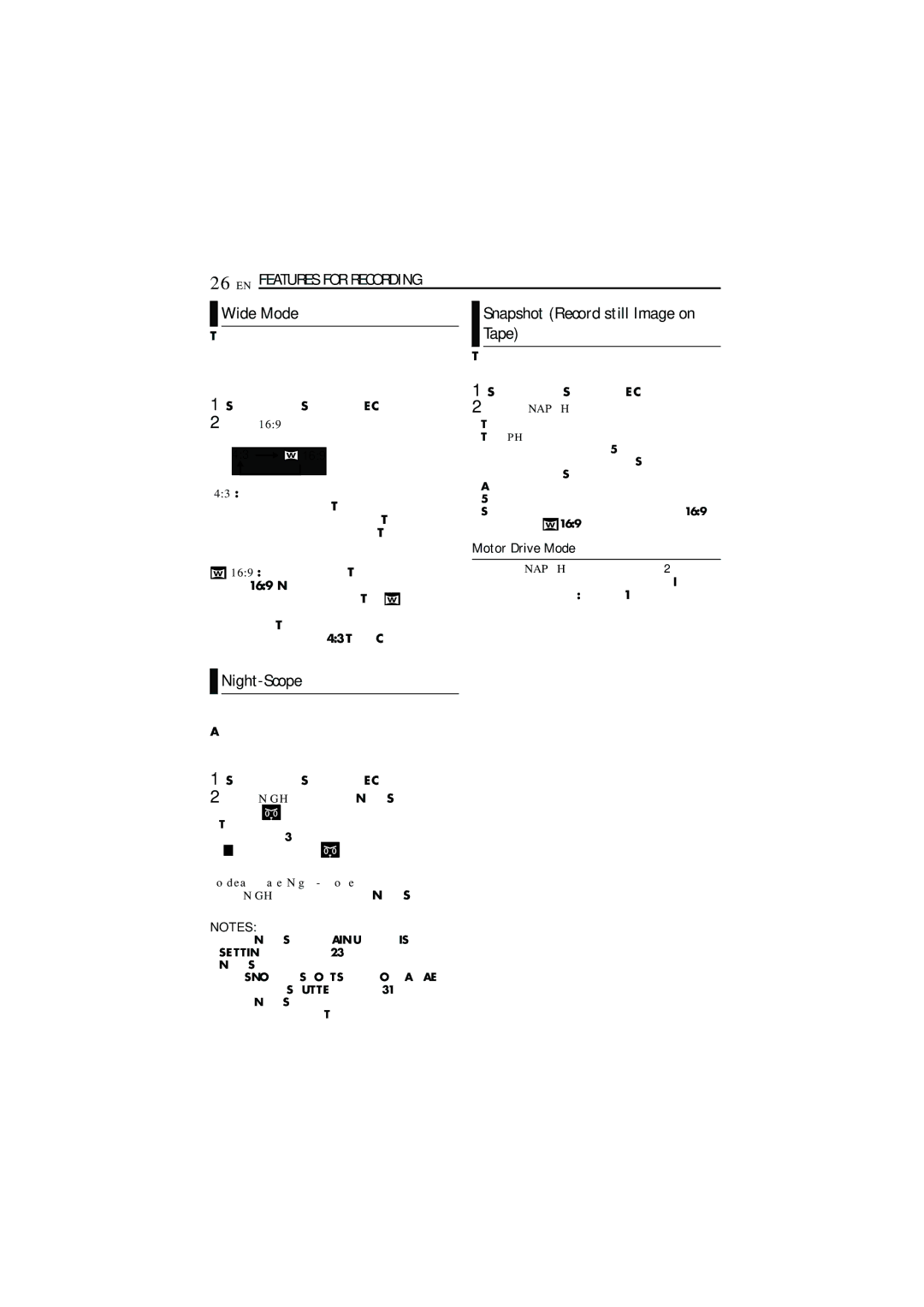 JVC GR-D338AH manual Tape, Night-Scope, Features for Recording, Snapshot Record still Image on, Motor Drive Mode 