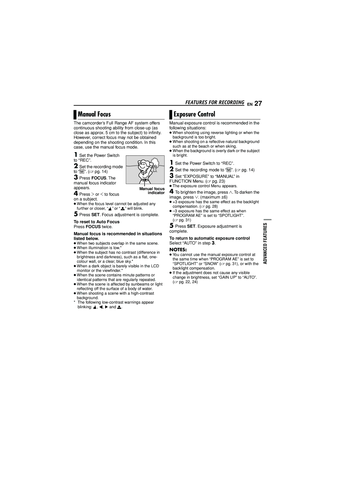 JVC GR-D338AH manual Manual Focus, Exposure Control, To reset to Auto Focus, To return to automatic exposure control 