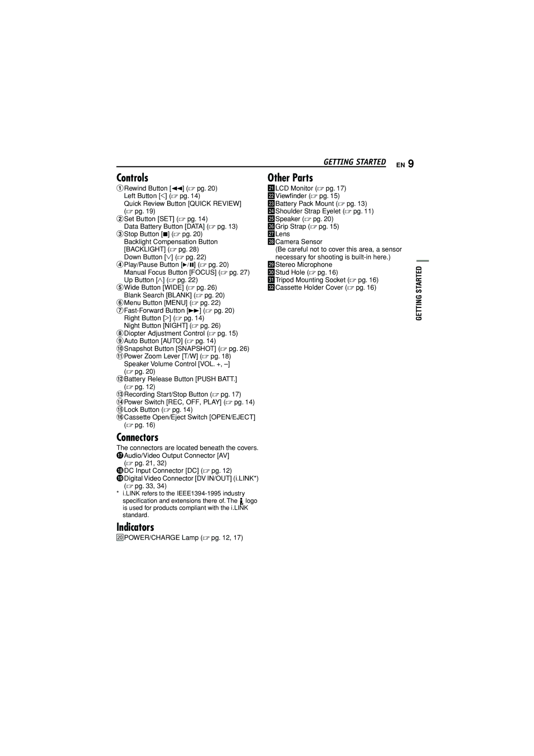 JVC GR-D338AH manual Controls, ÃOther Parts, Connectors, ÄIndicators, Getting Started EN 