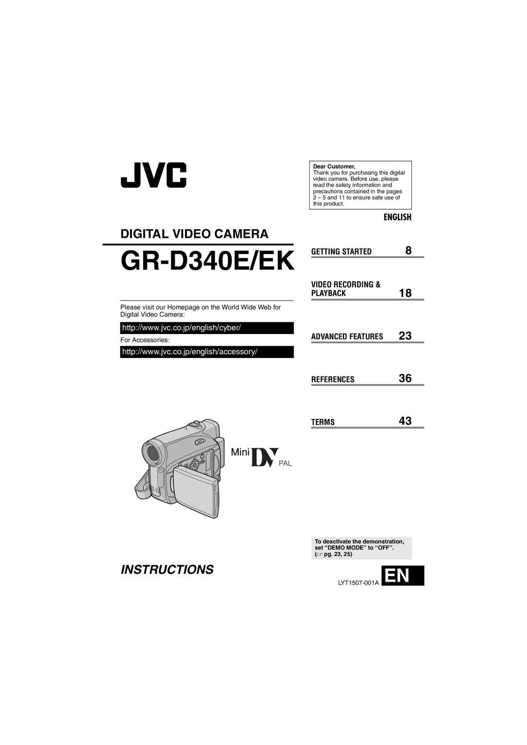 JVC GR-D340E/EK manual Dear Customer 