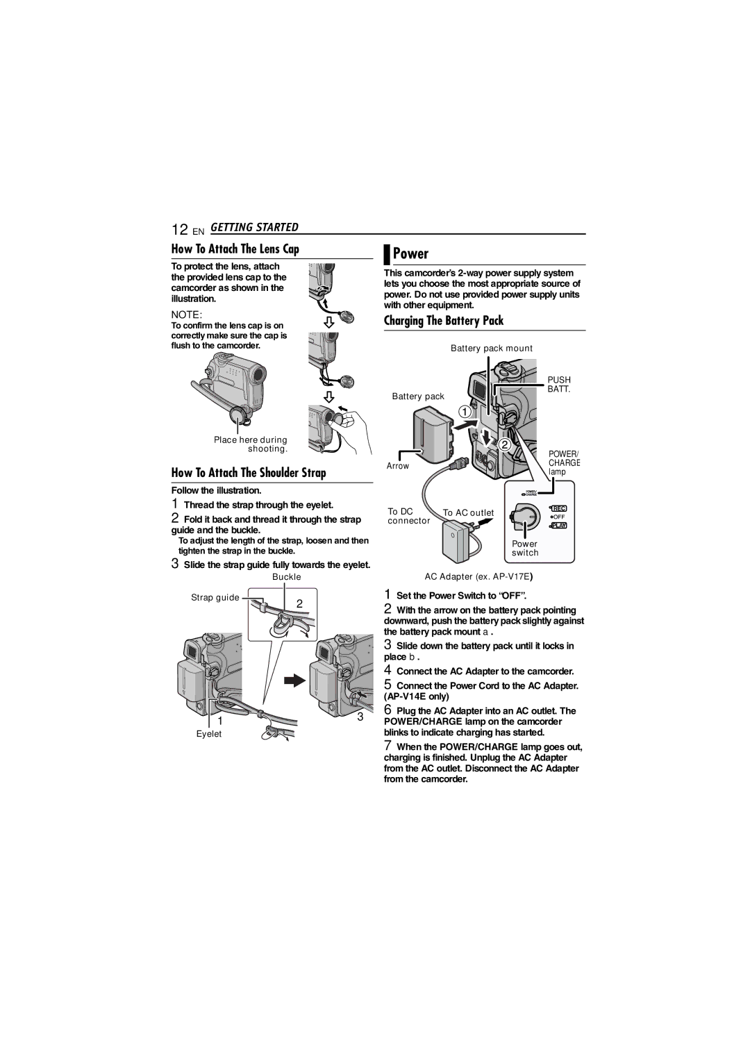 JVC GR-D340E/EK manual Power, How To Attach The Lens Cap, Charging The Battery Pack, How To Attach The Shoulder Strap 