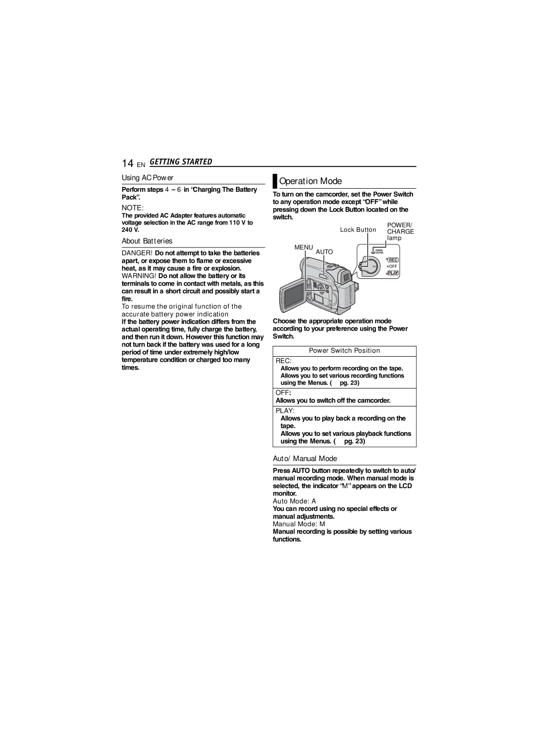 JVC GR-D340E/EK manual Operation Mode, Using AC Power, About Batteries, Auto/Manual Mode 