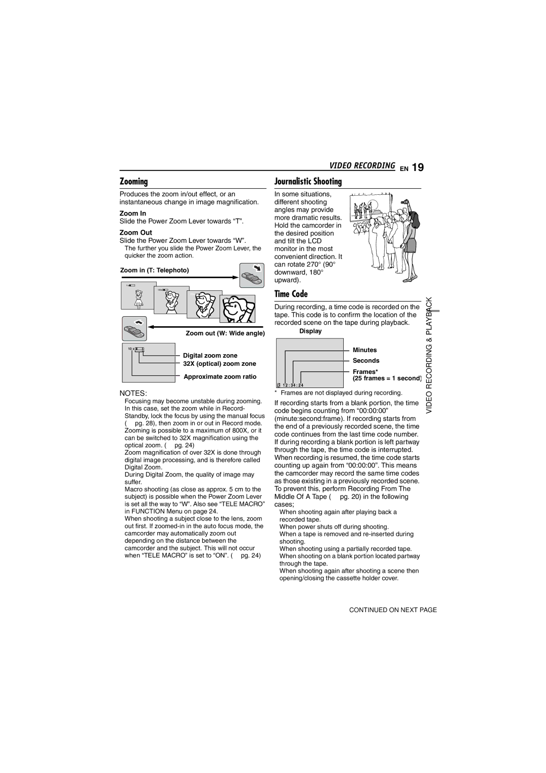 JVC GR-D340E/EK manual Zooming Journalistic Shooting, Time Code, Zoom Out 