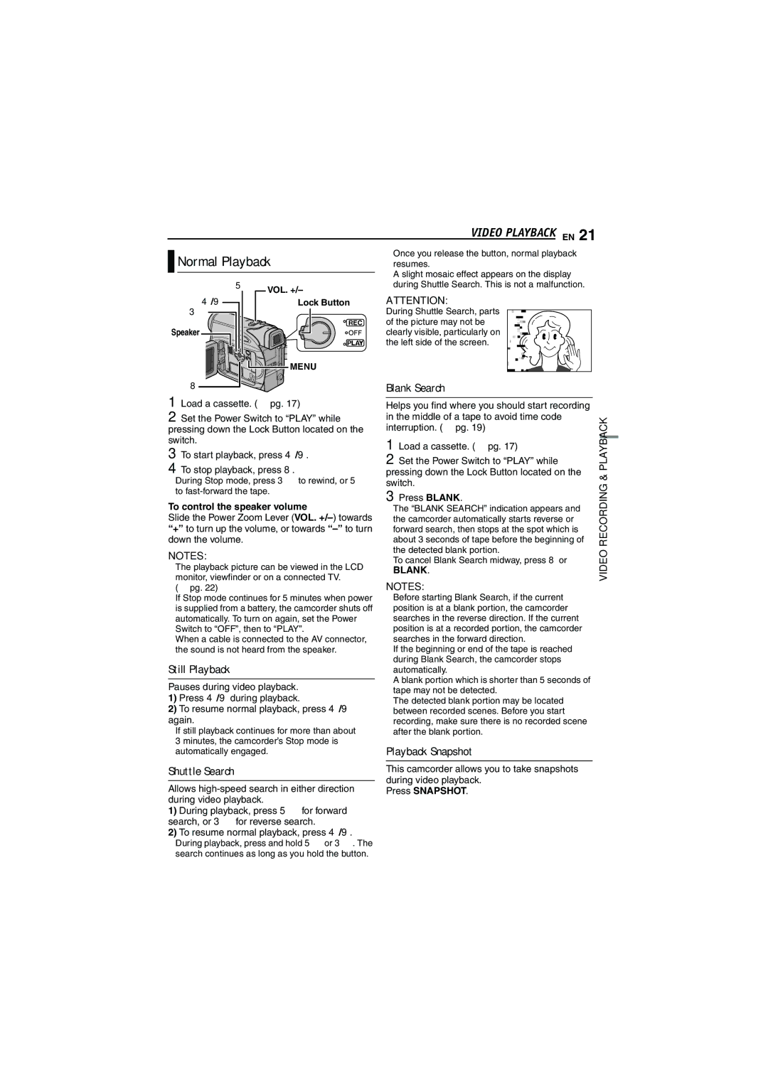 JVC GR-D340E/EK manual Normal Playback, Still Playback, Shuttle Search, Blank Search, Playback Snapshot 