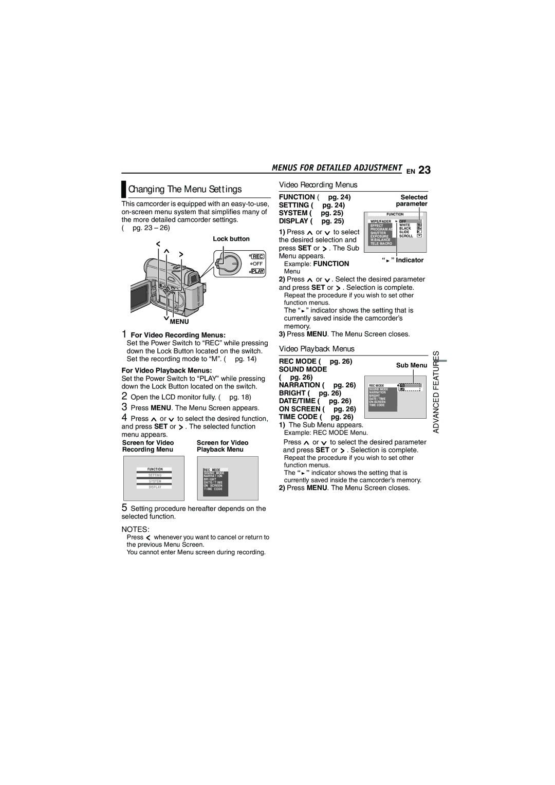 JVC GR-D340E/EK manual Video Recording Menus, Video Playback Menus, Advanced Features 