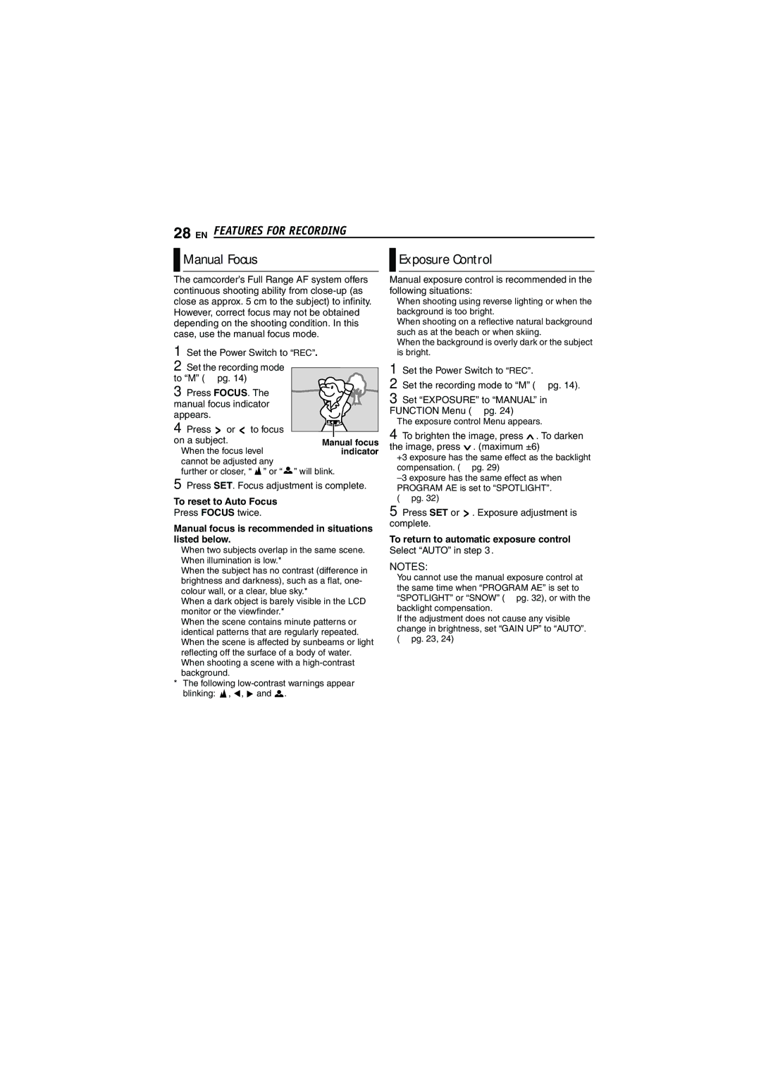 JVC GR-D340E/EK manual Manual Focus, To reset to Auto Focus, Manual focus is recommended in situations listed below 