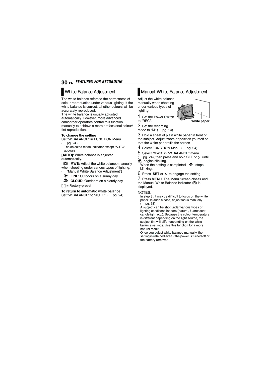 JVC GR-D340E/EK manual White Balance Adjustment, To change the setting, Set W.BALANCE in Function Menu  pg, To REC 