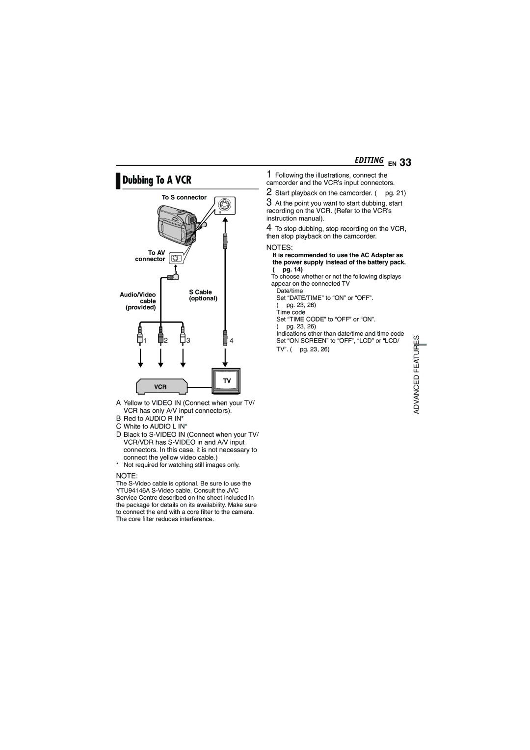 JVC GR-D340E/EK manual Dubbing To a VCR, Advanced 