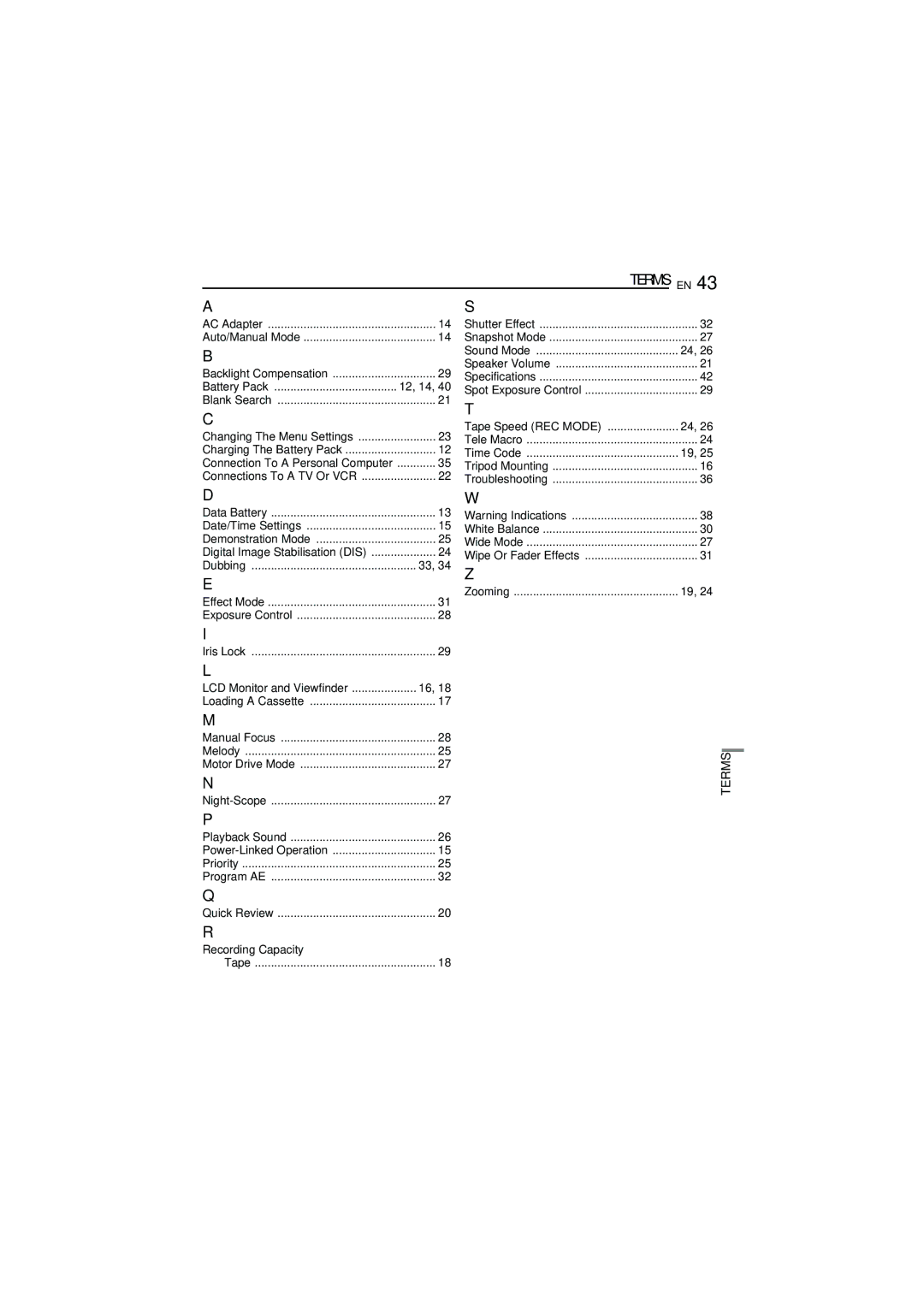 JVC GR-D340E/EK manual Recording Capacity, Terms 