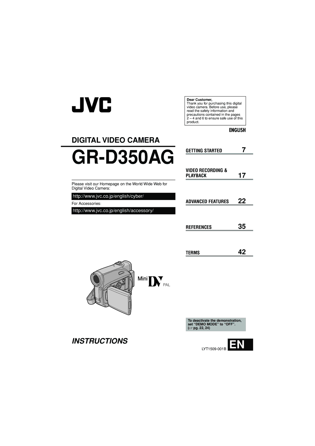 JVC GR-D350AG manual Dear Customer, To deactivate the demonstration, set Demo Mode to OFF.  pg 