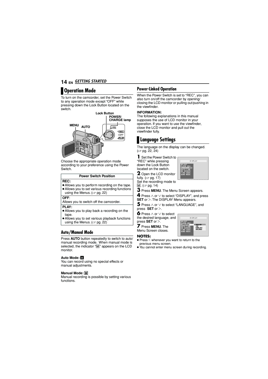 JVC GR-D350AG manual 14 EN, Operation Mode, Language Settings, Power-Linked Operation, Auto/Manual Mode 