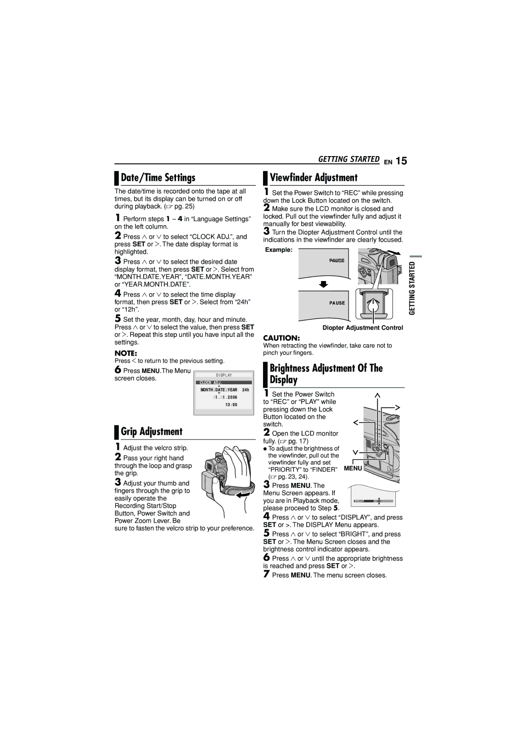 JVC GR-D350AG manual Date/Time Settings, Viewﬁnder Adjustment, Brightness Adjustment, Display, Grip Adjustment 