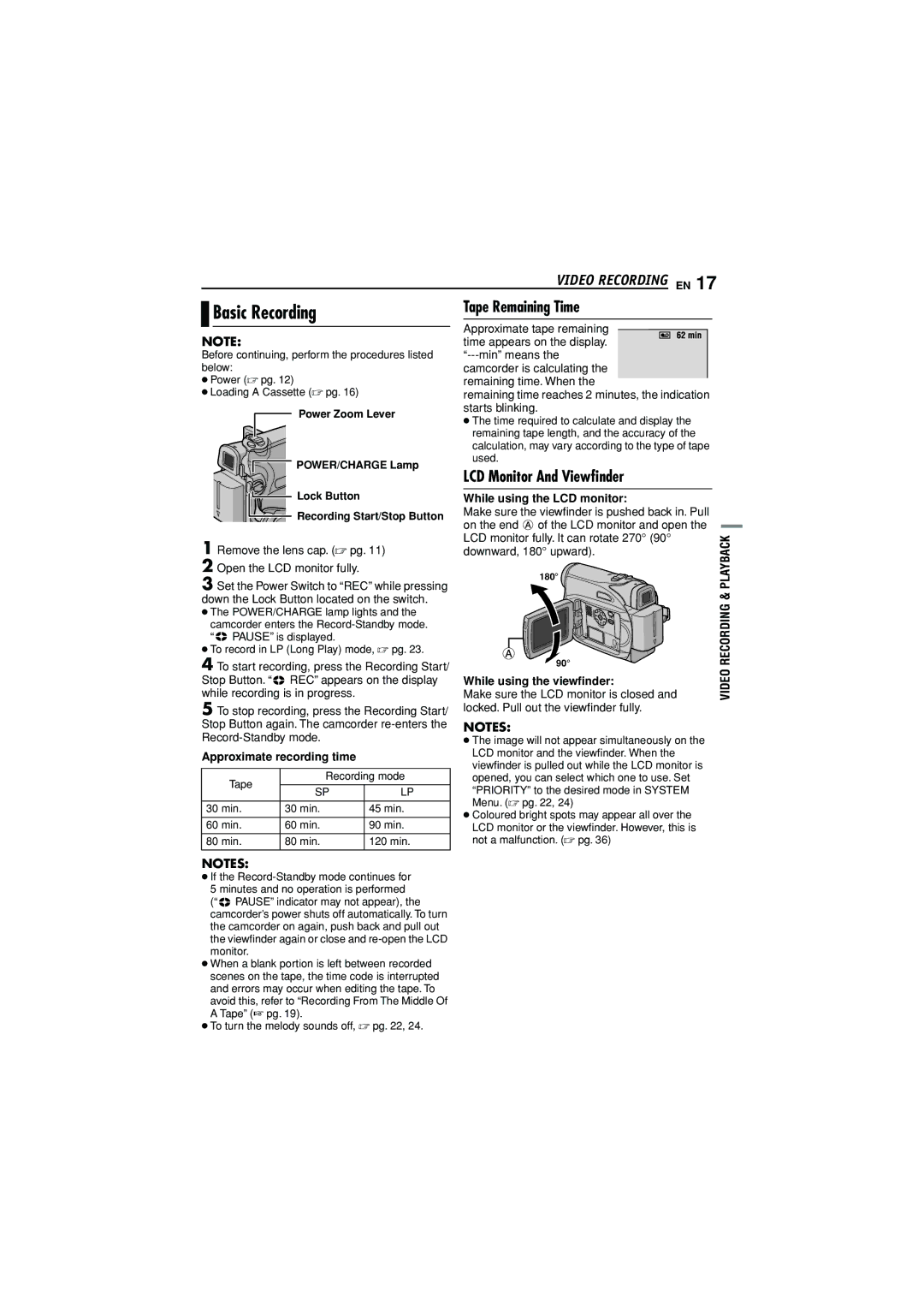 JVC GR-D350AG manual Basic Recording, Video Recording EN, Tape Remaining Time, LCD Monitor And Viewﬁnder 