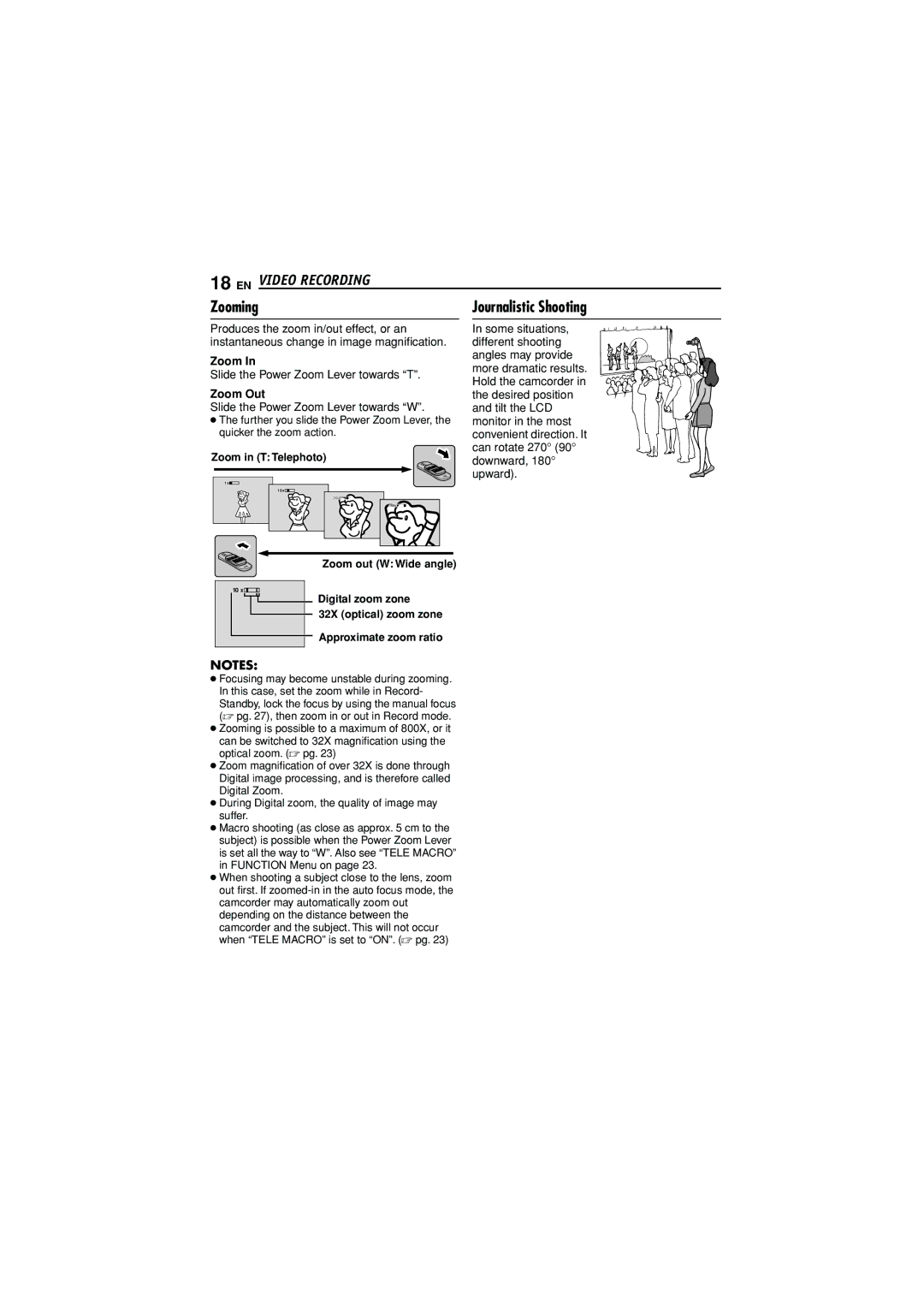 JVC GR-D350AG manual EN Video Recording, Zooming, Zoom Out 