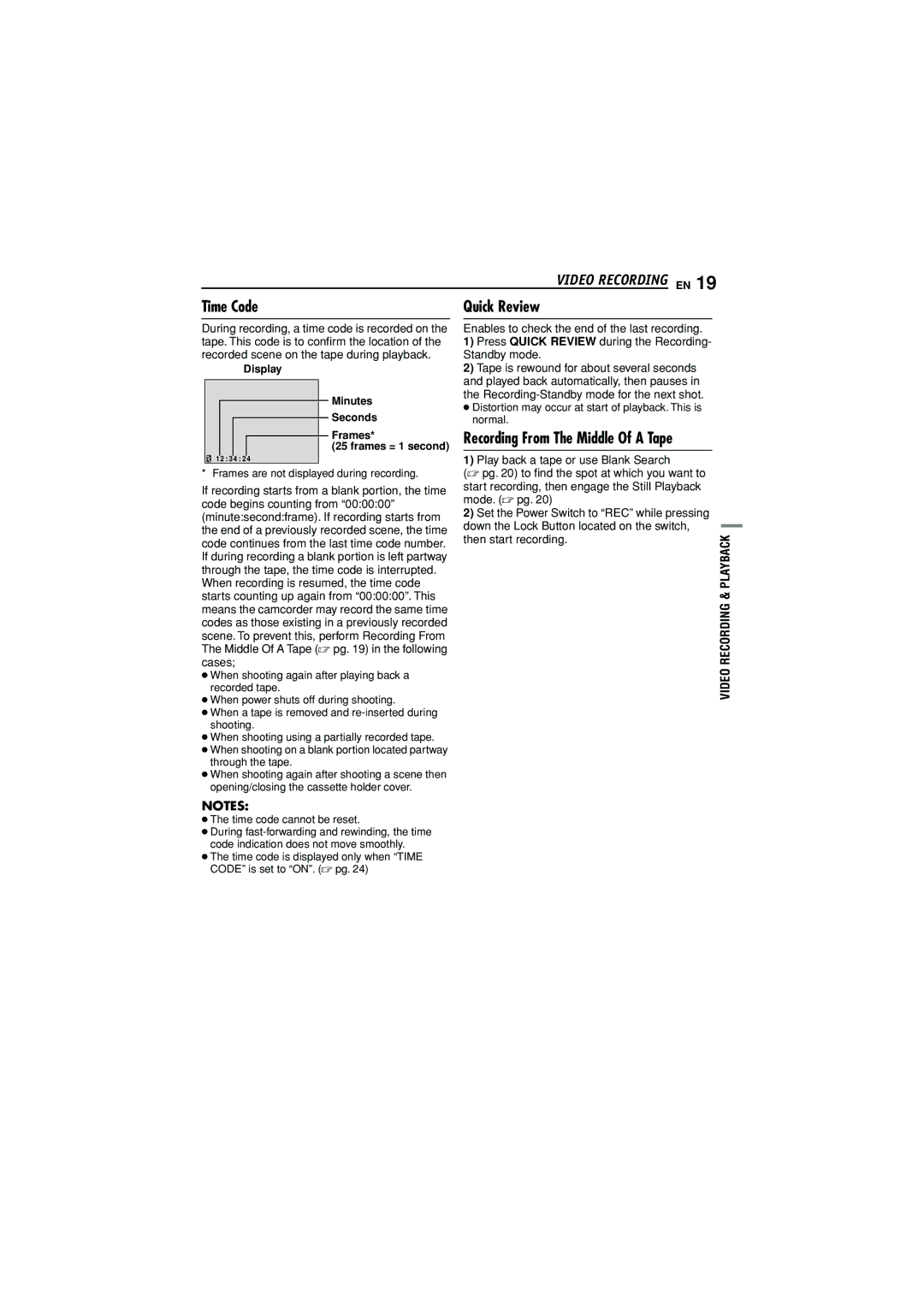 JVC GR-D350AG Time Code, Quick Review, Then start recording.PLAYBACK, Display Minutes Seconds Frames Frames = 1 second 