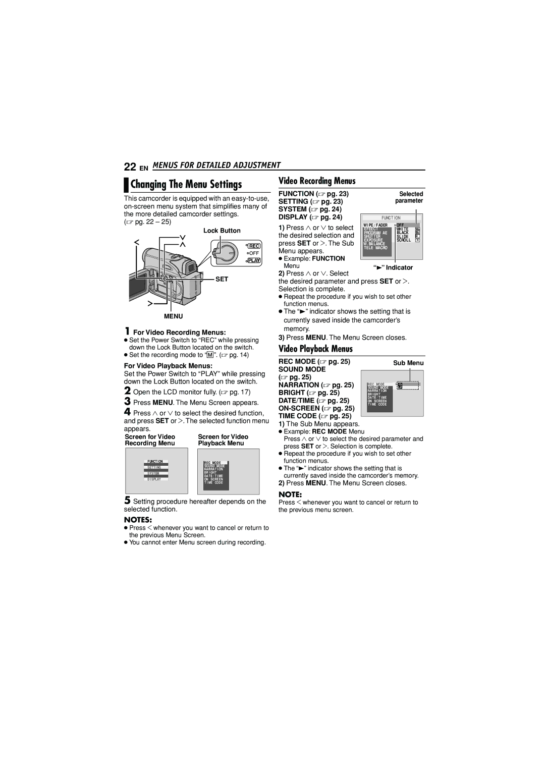 JVC GR-D350AG manual EN Menus for Detailed Adjustment, Video Recording Menus, Video Playback Menus 