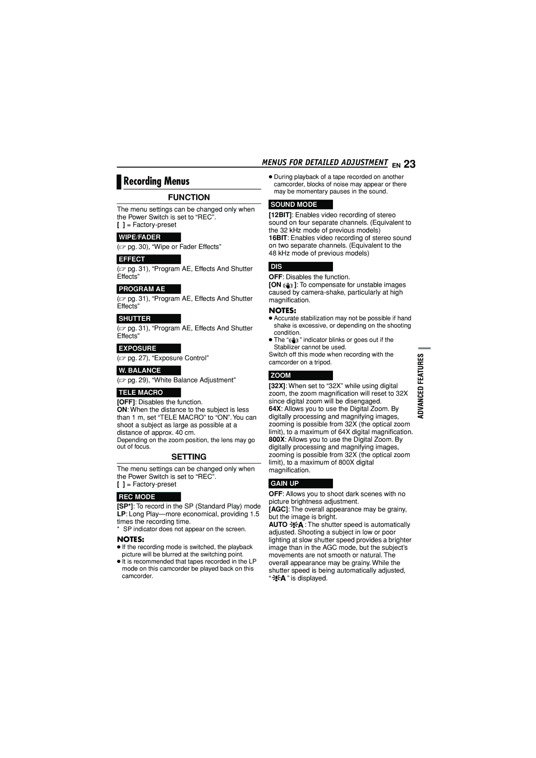 JVC GR-D350AG manual Recording Menus 