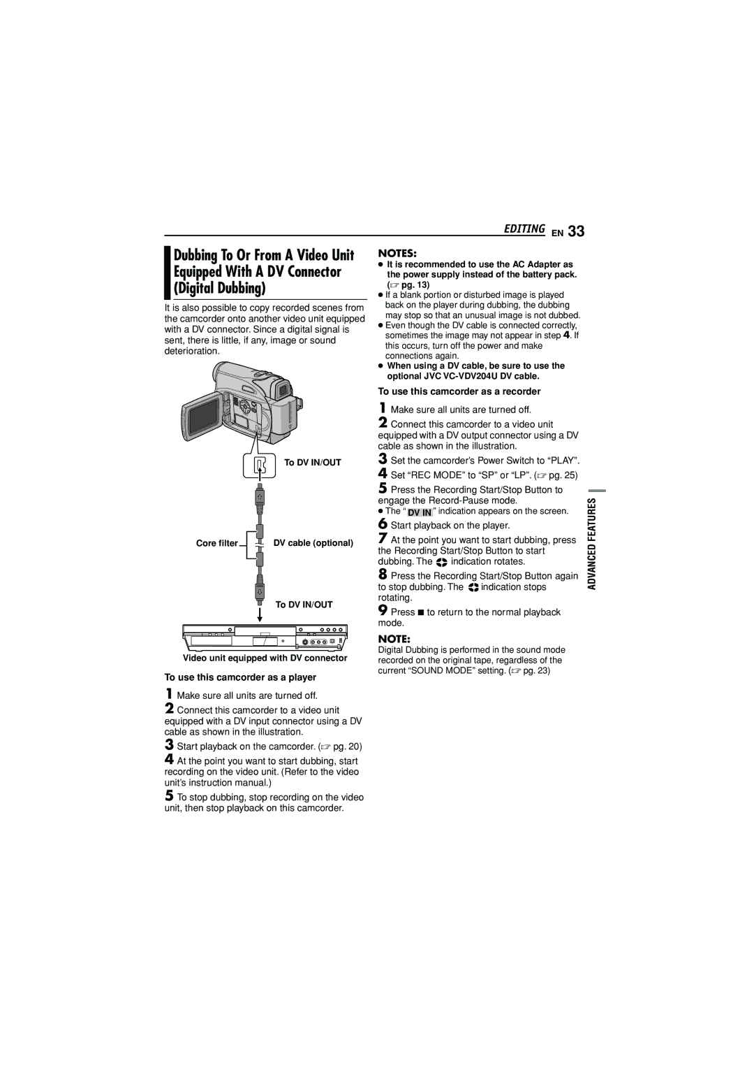 JVC GR-D350AG manual Digital Dubbing, Equipped With a DV Connector, To use this camcorder as a recorder 