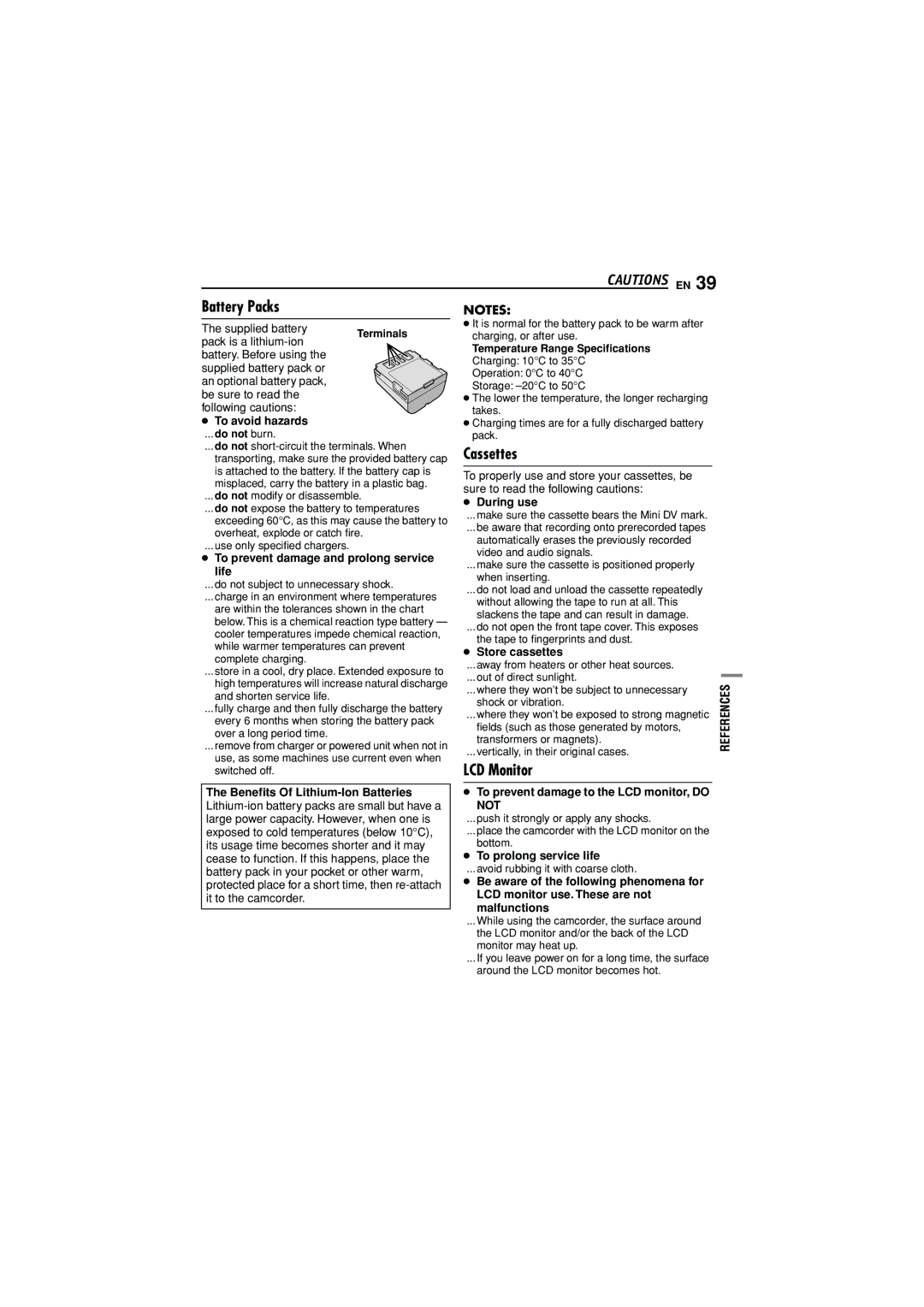 JVC GR-D350AG manual Battery Packs, Cassettes, LCD Monitor 