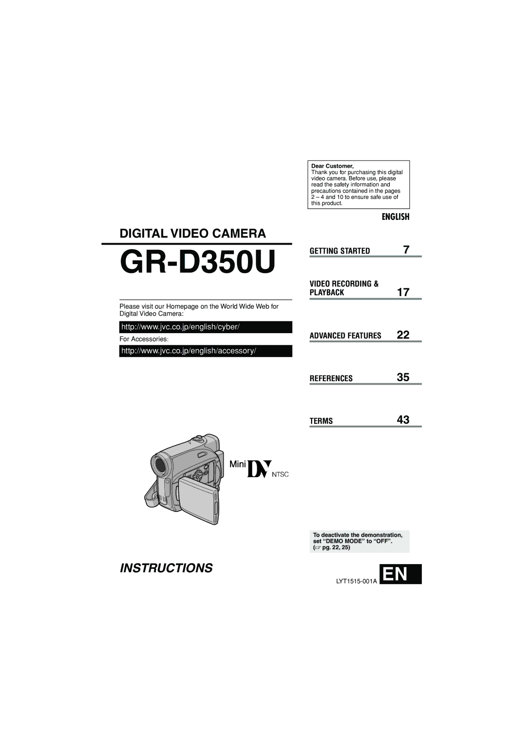 JVC GR-D350U manual Dear Customer, To deactivate the demonstration, set Demo Mode to OFF.  pg 