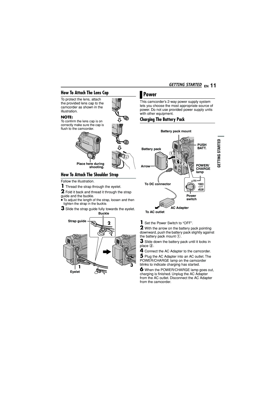 JVC GR-D350U manual Power, How To Attach The Lens Cap, How To Attach The Shoulder Strap, Charging The Battery Pack, Getting 