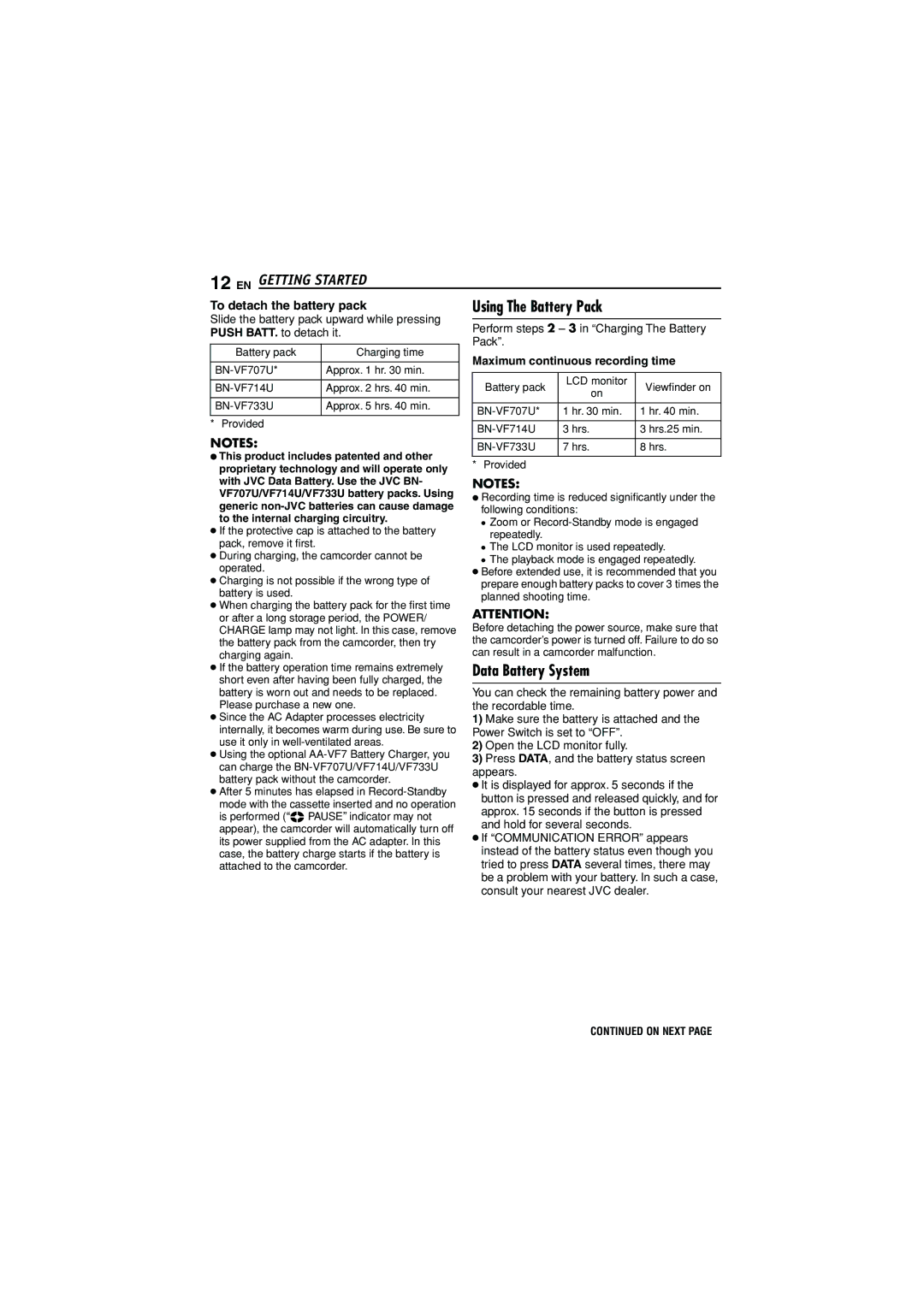 JVC GR-D350U manual Data Battery System, Using The Battery Pack, Maximum continuous recording time 