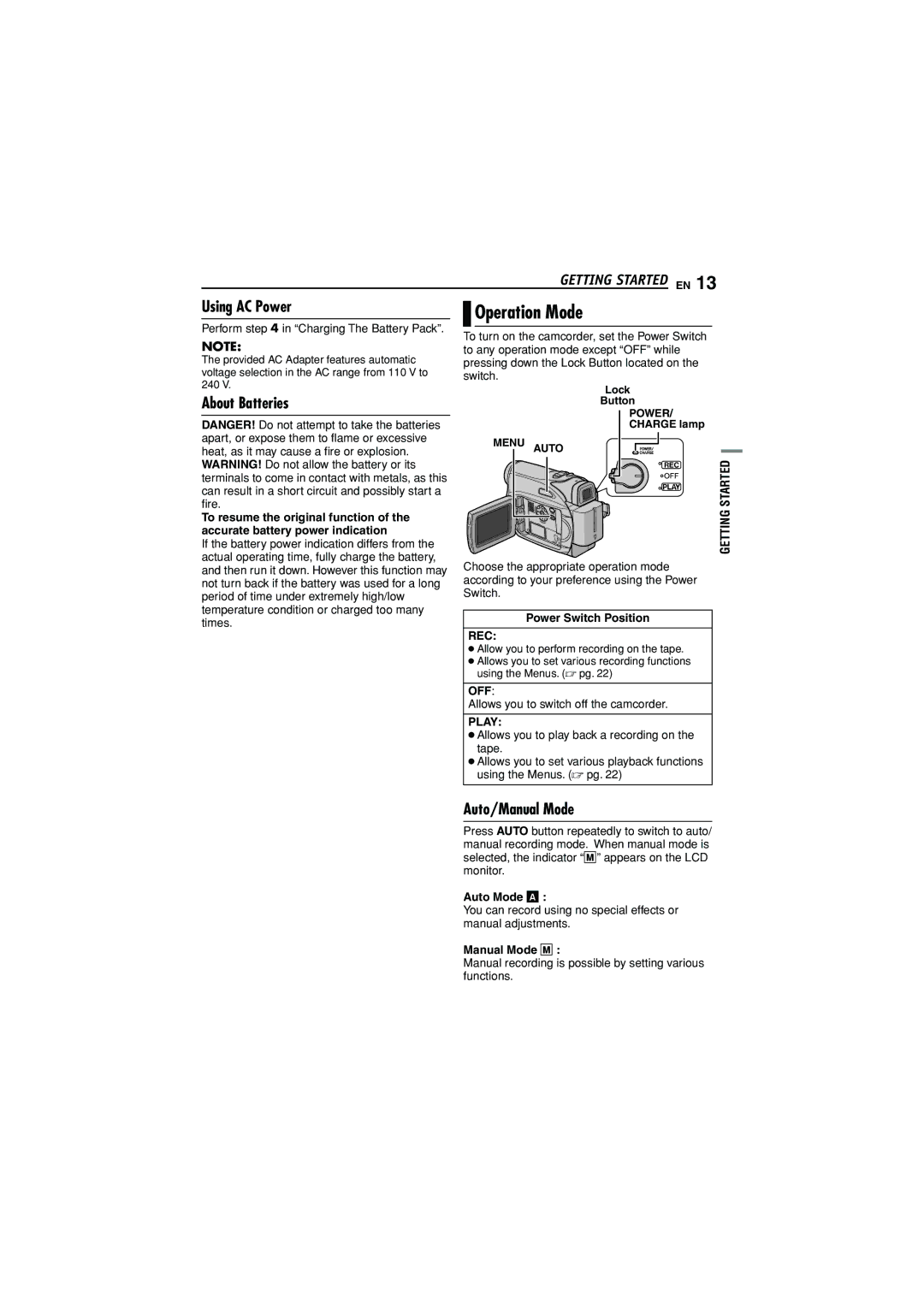 JVC GR-D350U manual Operation Mode, Using AC Power, About Batteries, Auto/Manual Mode 