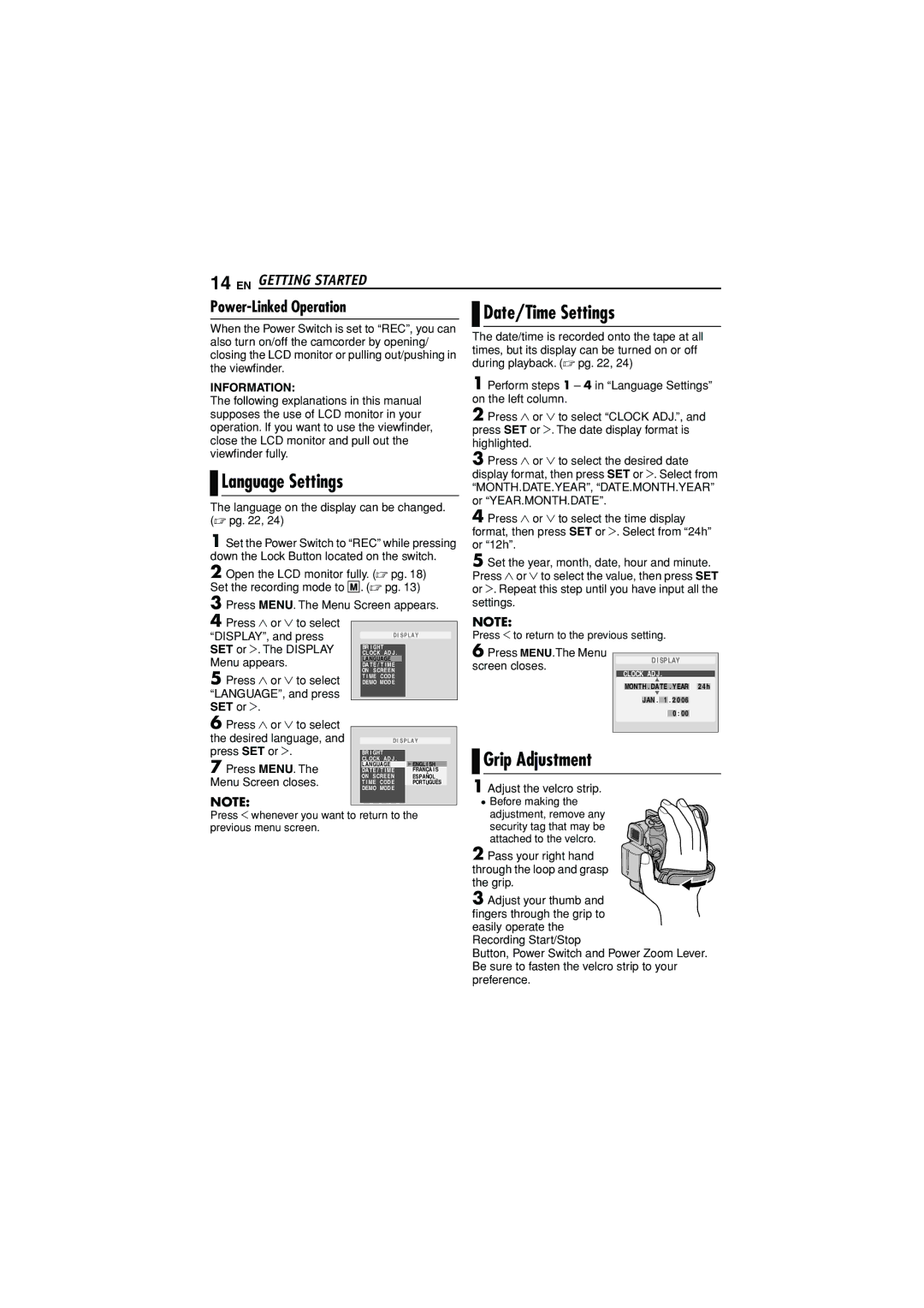 JVC GR-D350U manual Date/Time Settings, Language Settings, Power-Linked Operation 