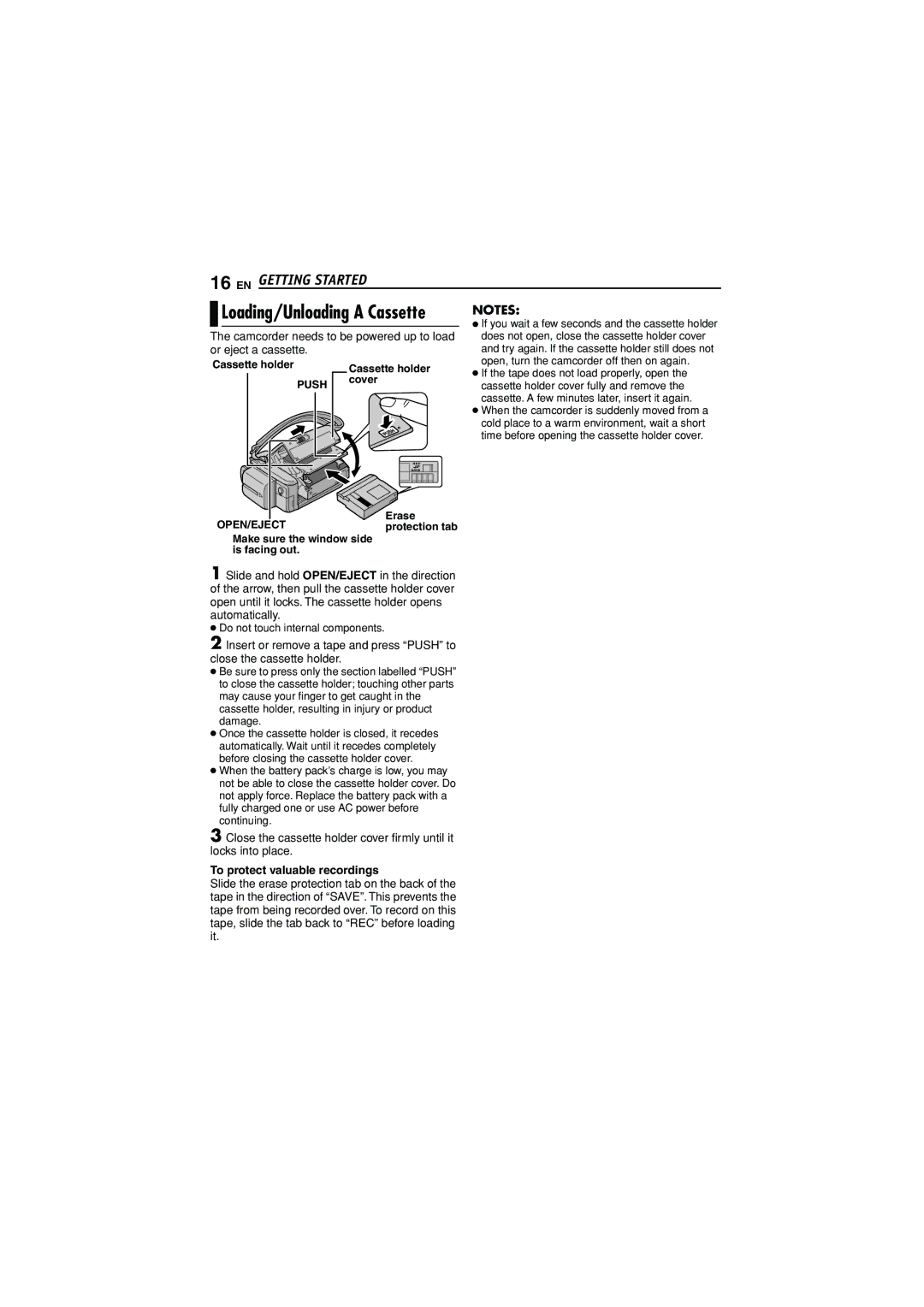 JVC GR-D350U manual Camcorder needs to be powered up to load, Or eject a cassette, To protect valuable recordings 