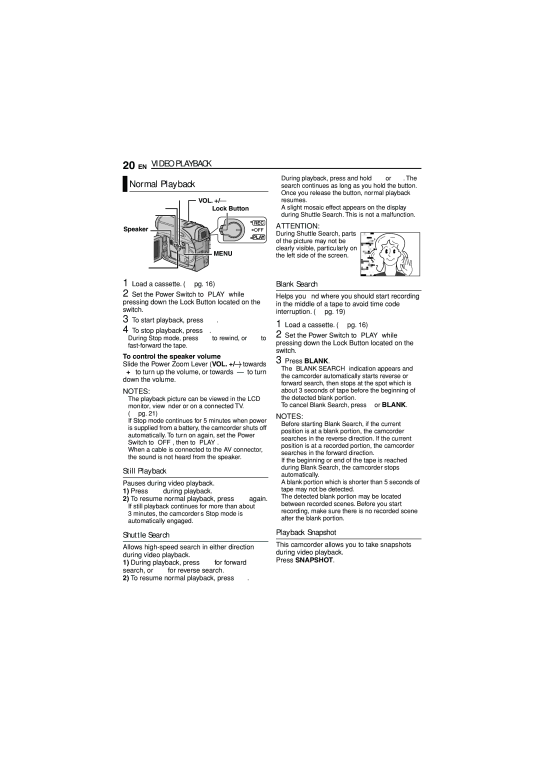 JVC GR-D350U manual EN Video Playback, Blank Search, Playback Snapshot, Normal Playback, Press Snapshot 