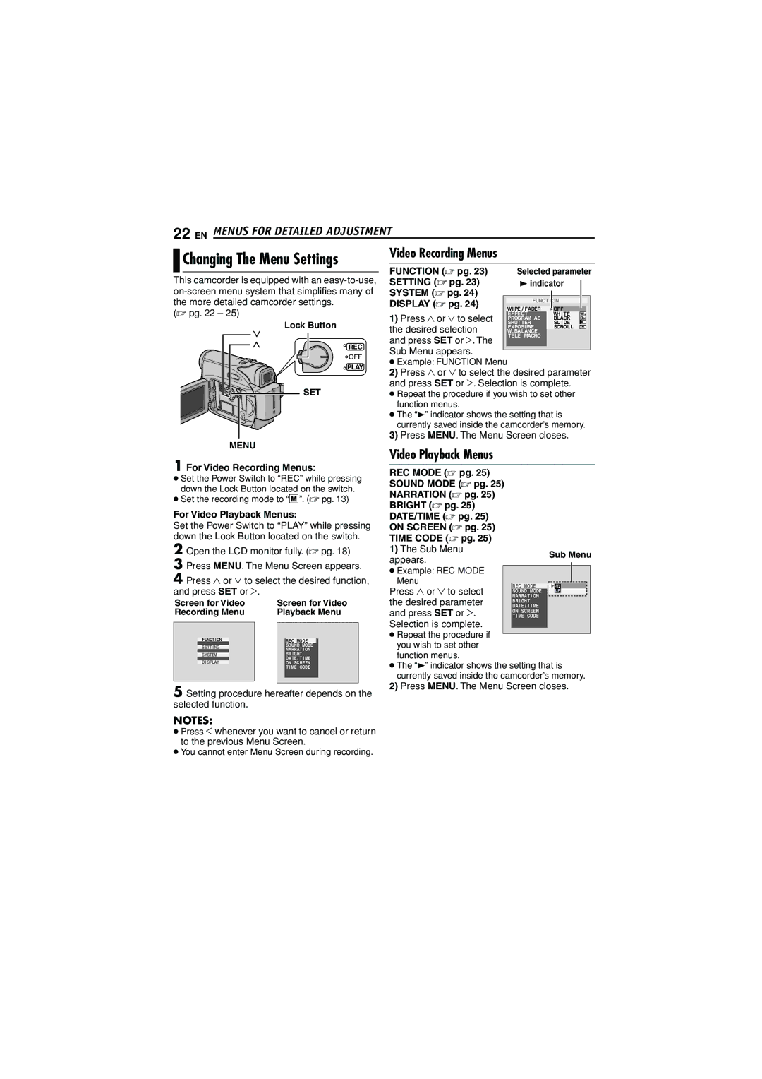 JVC GR-D350U manual EN Menus for Detailed Adjustment, Video Recording Menus, Video Playback Menus 