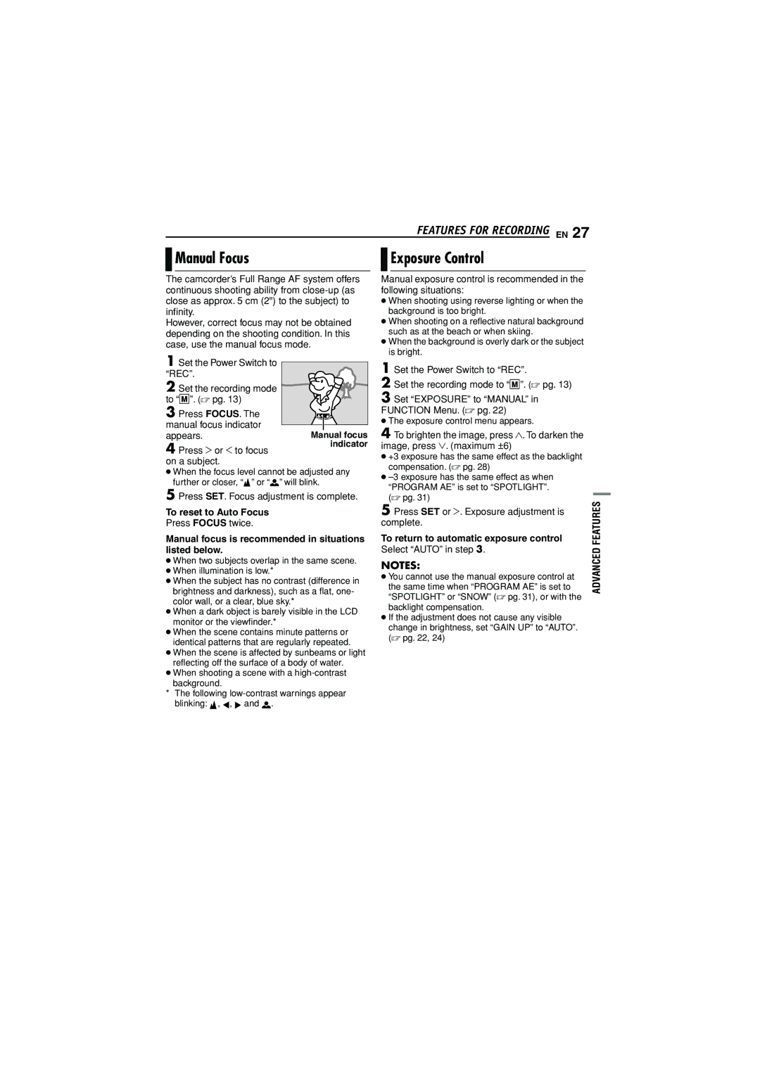 JVC GR-D350U manual Manual Focus, Exposure Control, To reset to Auto Focus 