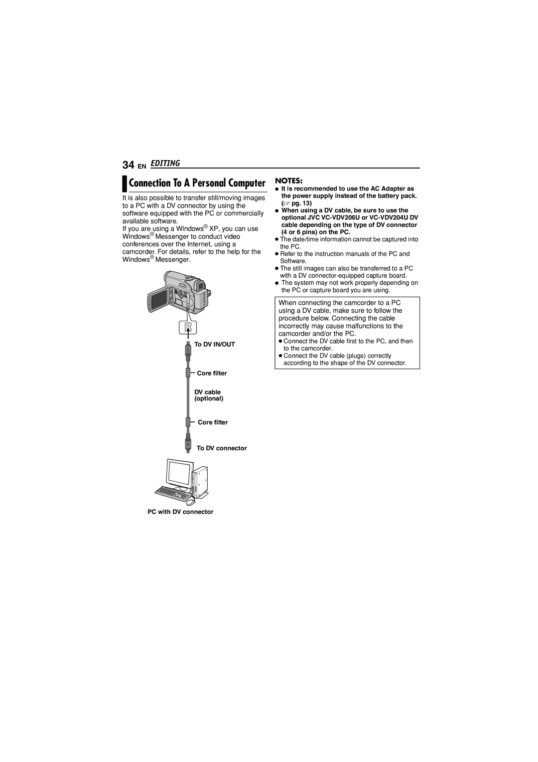 JVC GR-D350U manual Connection To a Personal Computer 