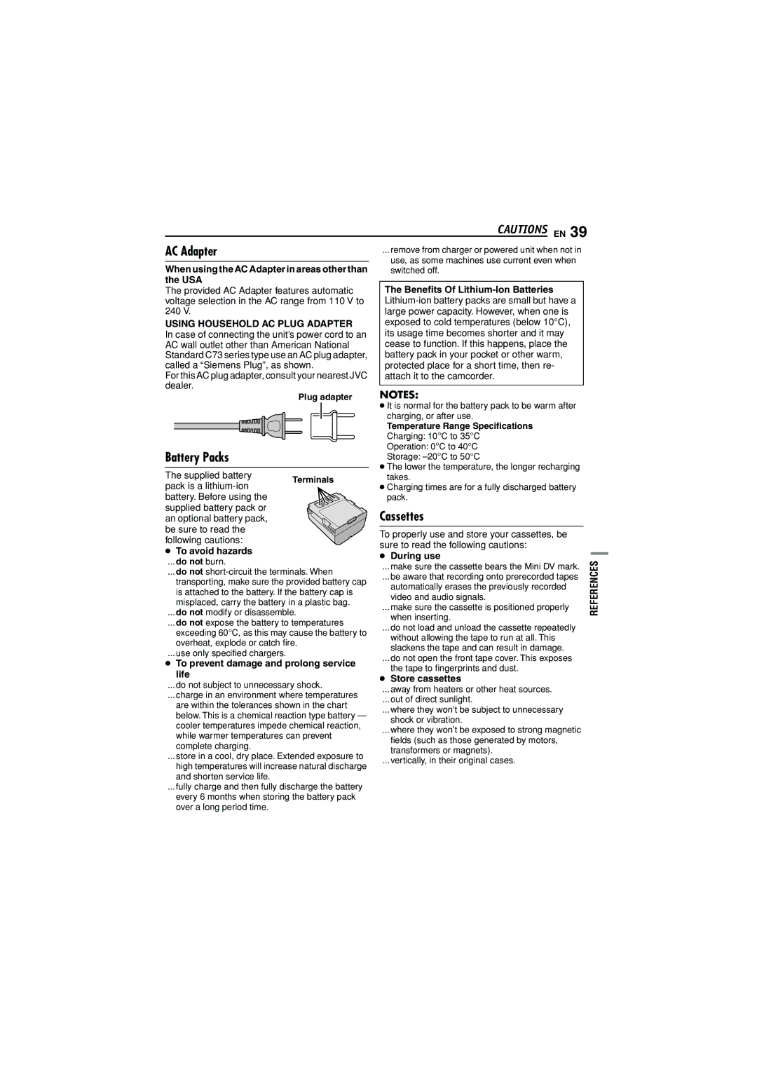 JVC GR-D350U manual AC Adapter, Battery Packs, Cassettes 