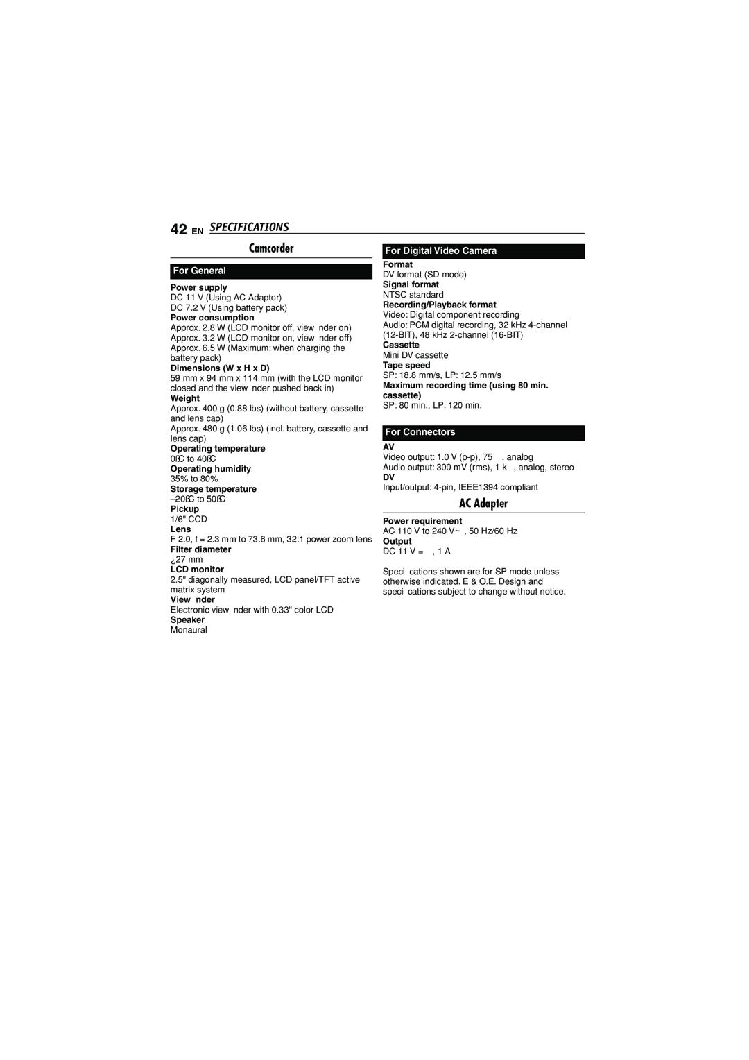 JVC GR-D350U manual EN Specifications, Camcorder 