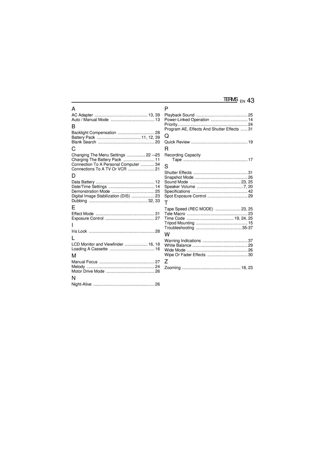 JVC GR-D350U manual Terms EN, Recording Capacity, 35-37 