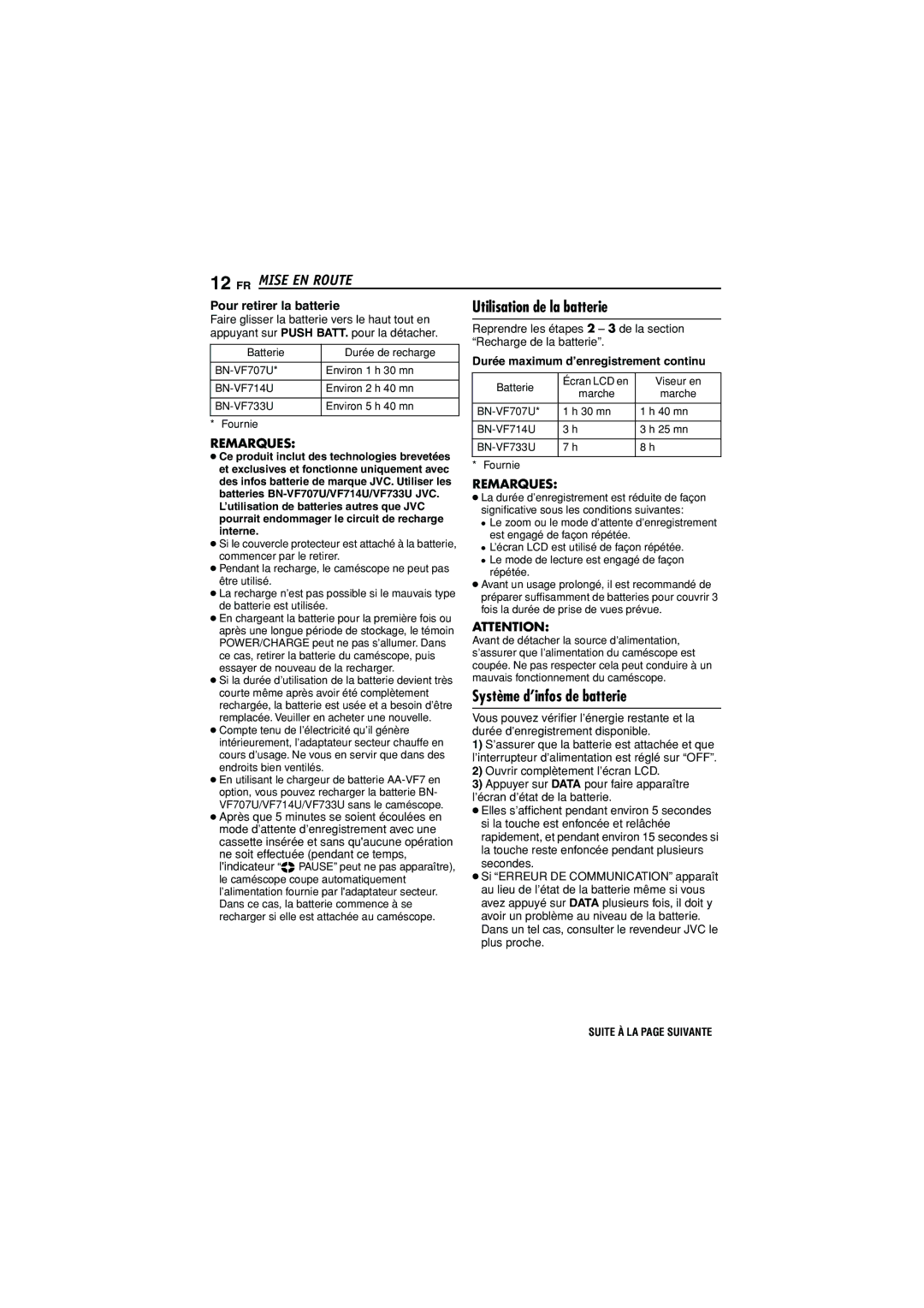 JVC GR-D350U manual 12 FR, Utilisation de la batterie, Remarques, Durée maximum d’enregistrement continu 