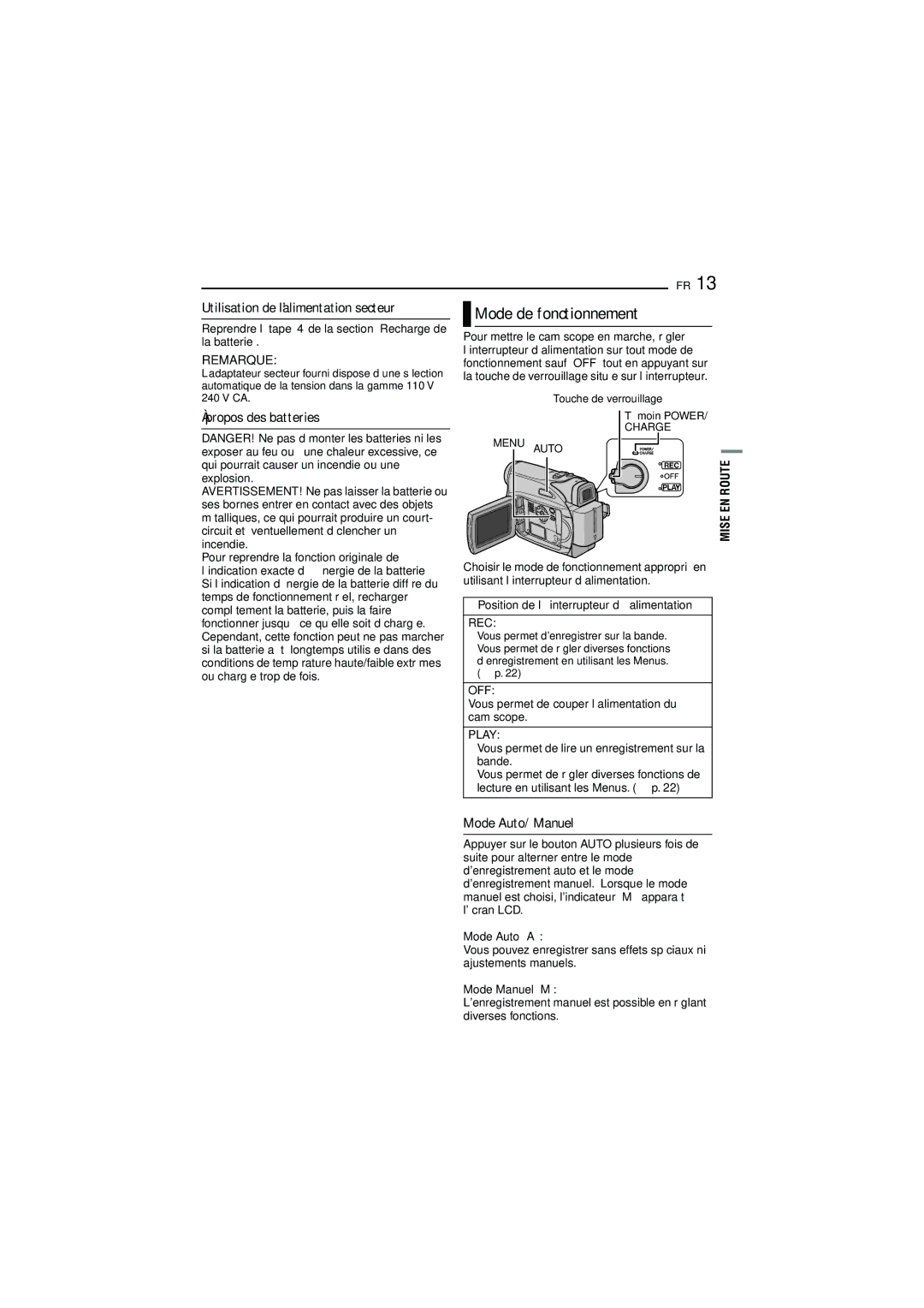 JVC GR-D350U manual Mode de fonctionnement, Propos des batteries, Mode Auto/Manuel, Utilisation de l’alimentation secteur 