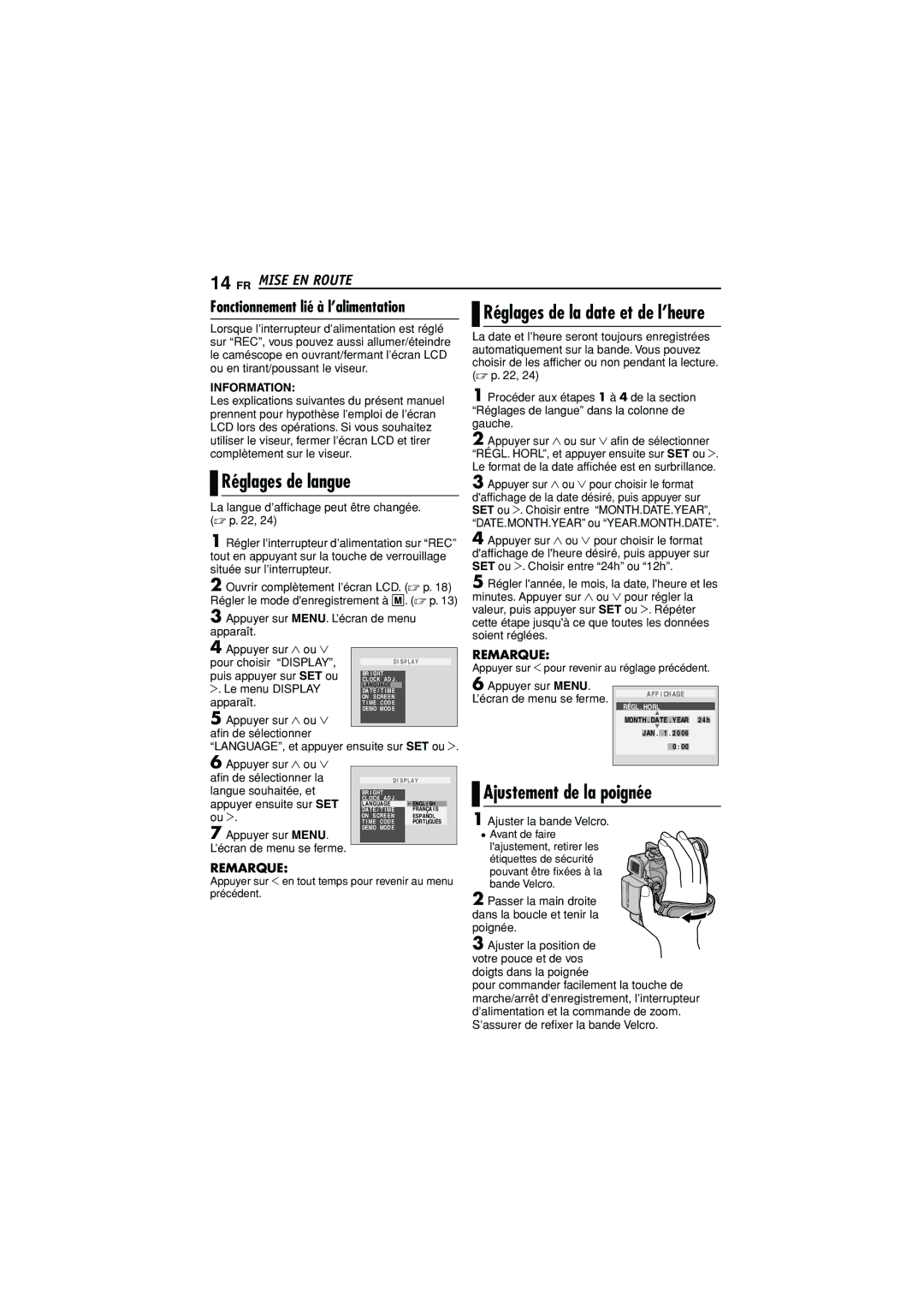 JVC GR-D350U manual Ajustement de la poignée, Réglages de la date et de l’heure, Réglages de langue 