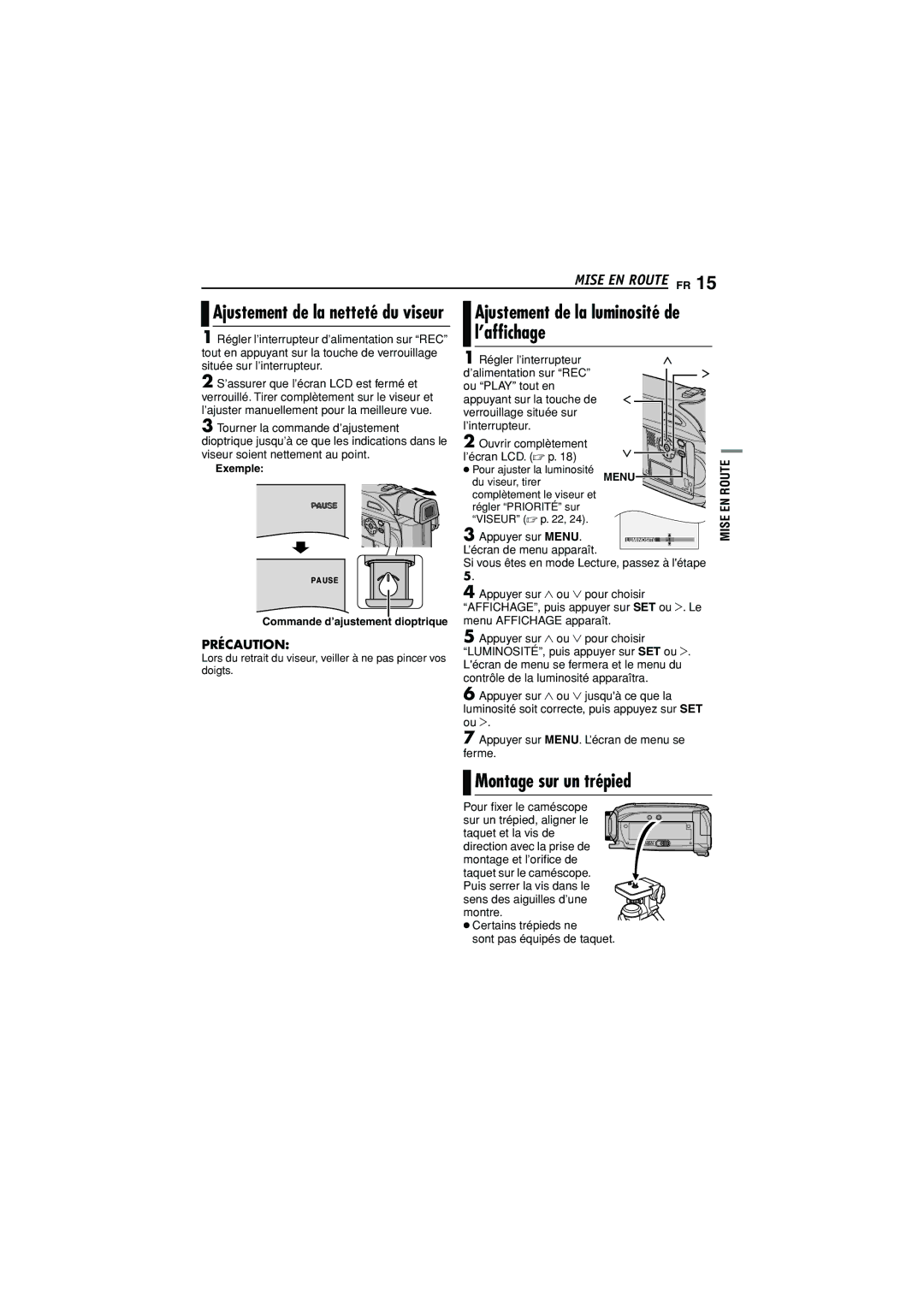 JVC GR-D350U manual Montage sur un trépied, Ajustement de la netteté du viseur, Précaution 