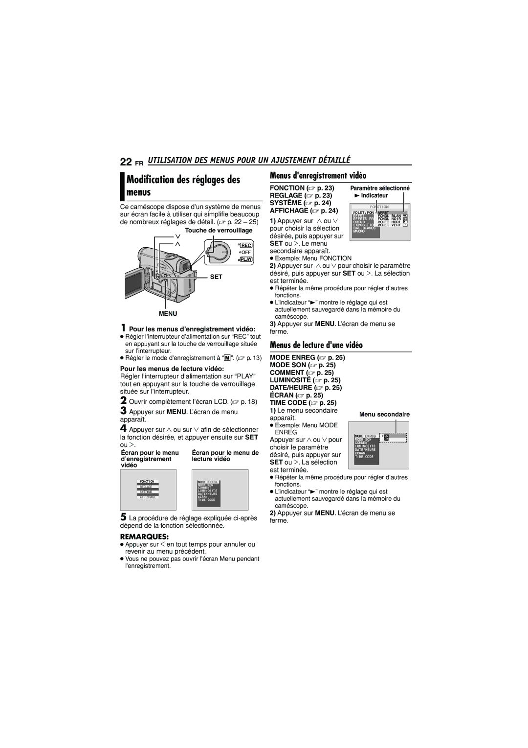 JVC GR-D350U manual Modiﬁcation des réglages des menus, FR Utilisation DES Menus Pour UN Ajustement Détaillé 