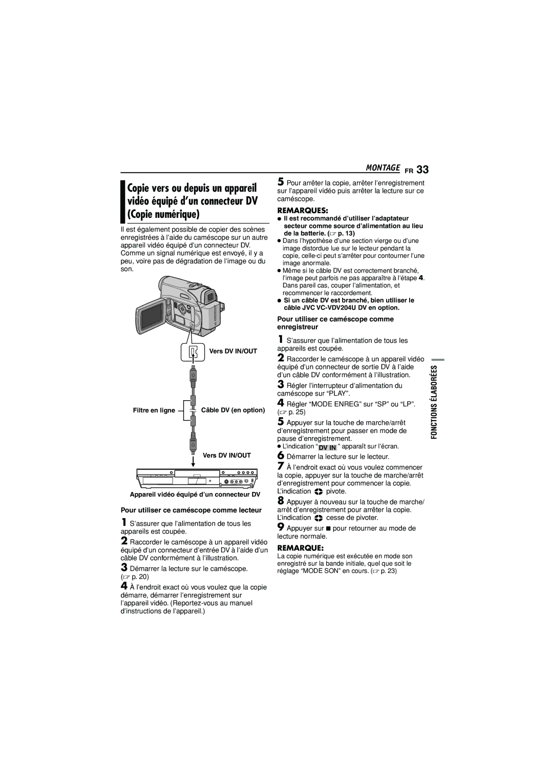 JVC GR-D350U manual Copie numérique, Copie vers ou depuis un appareil, Vidéo équipé d’un connecteur DV 