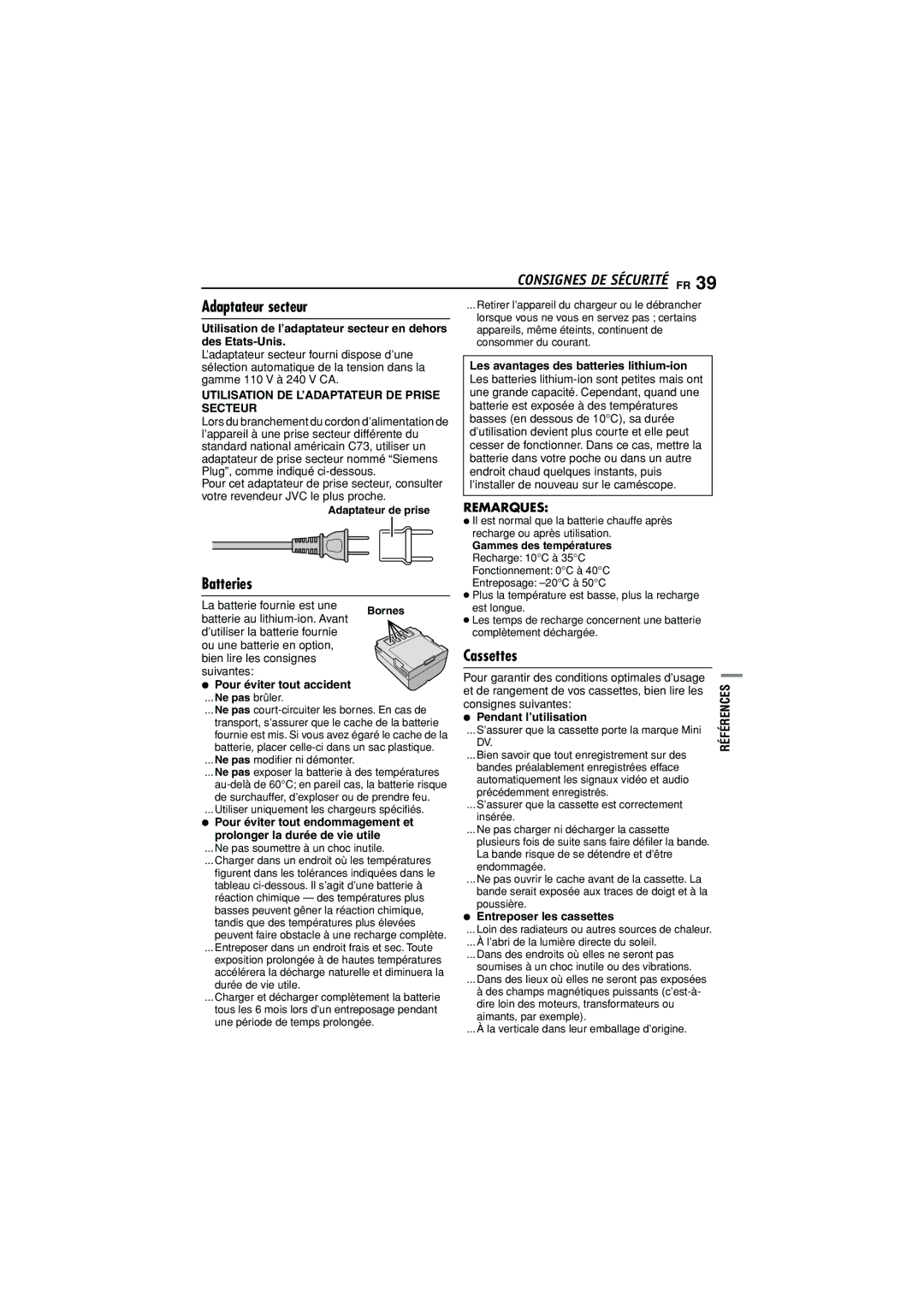 JVC GR-D350U manual Adaptateur secteur, Batteries 