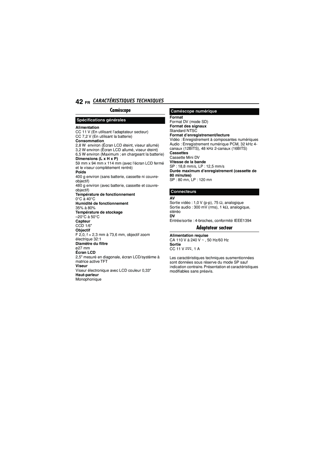 JVC GR-D350U manual FR Caractéristiques Techniques, Caméscope 