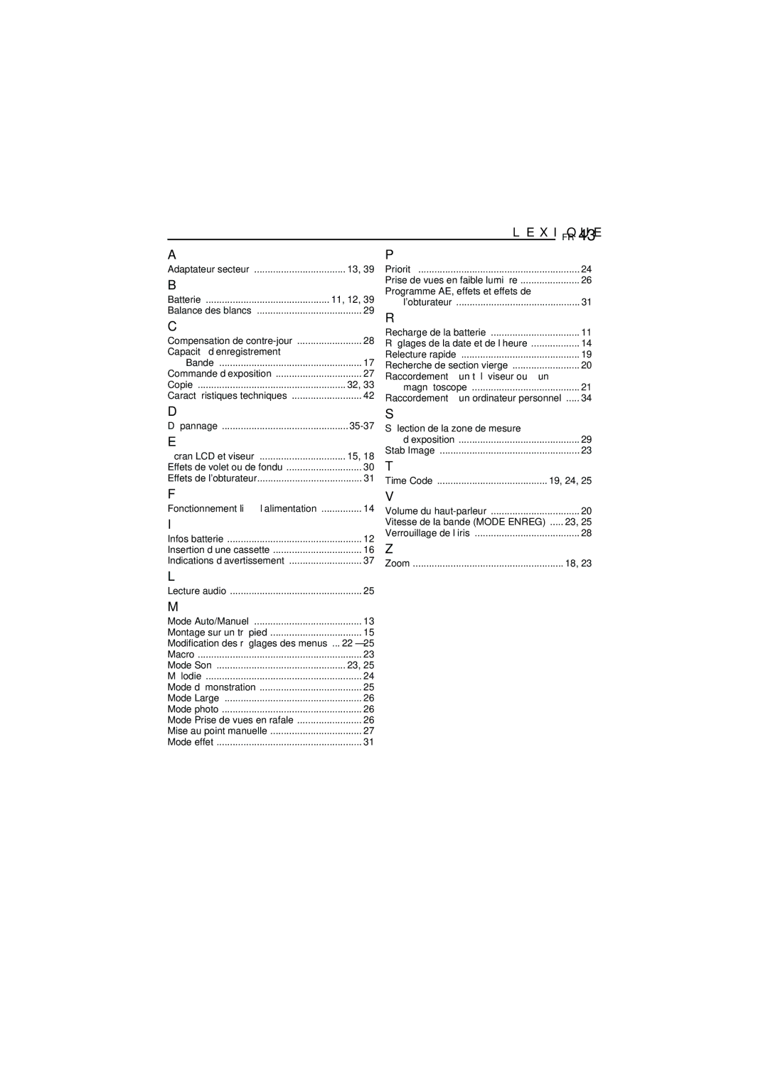 JVC GR-D350U manual Programme AE, effets et effets de, Capacité d’enregistrement, 35-37 Sélection de la zone de mesure 