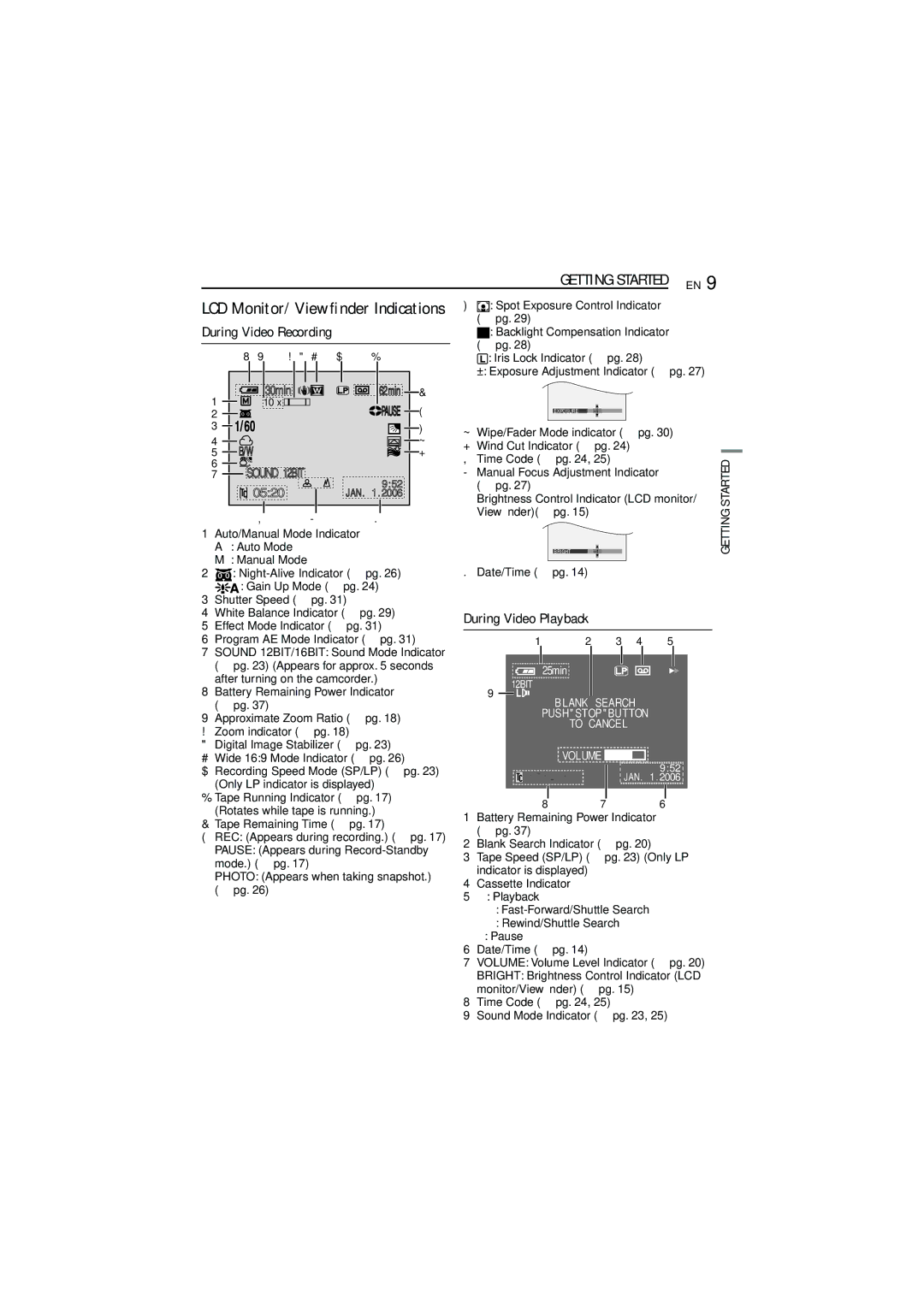 JVC GR-D350U manual LCD Monitor/Viewﬁnder Indications During Video Recording, During Video Playback, Sound 12BIT 