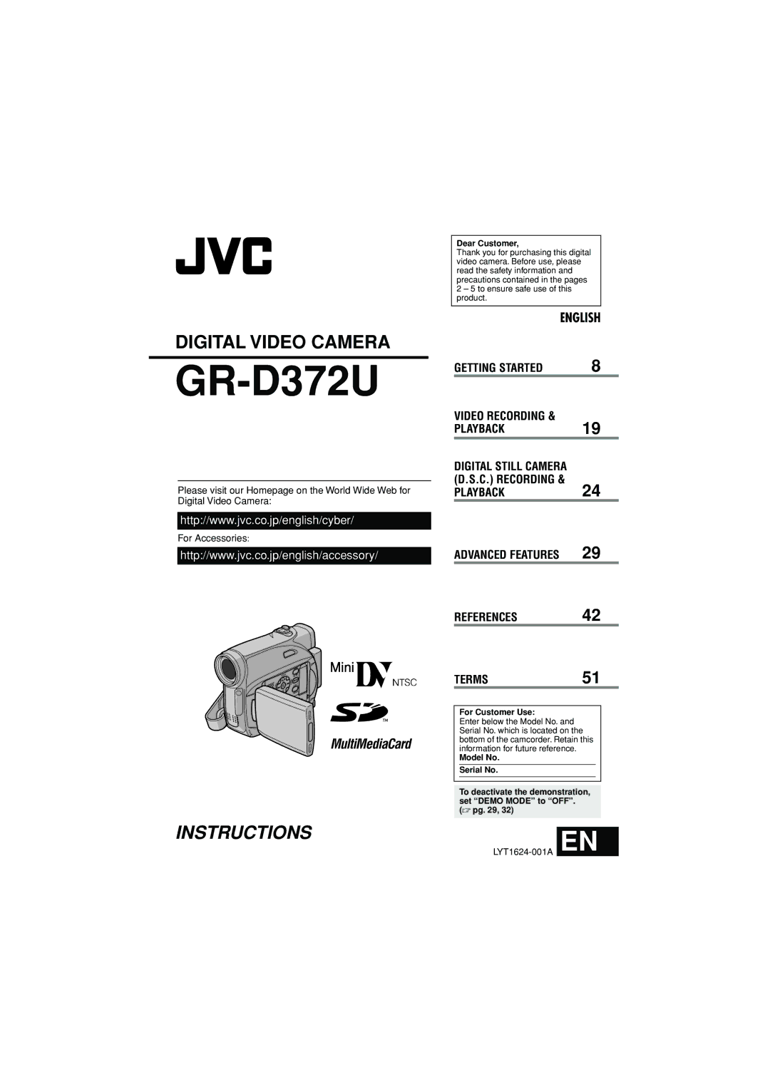 JVC GR-D372U manual Digital Still Camera D.S.C. Recording, Dear Customer, For Customer Use, Model No Serial No 