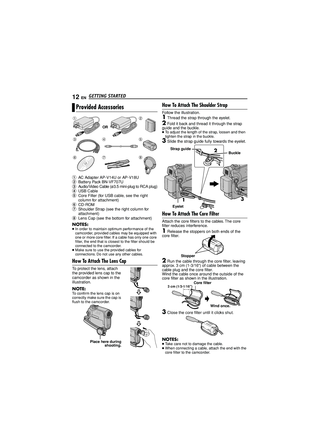 JVC GR-D372U manual Provided Accessories, How To Attach The Lens Cap, How To Attach The Core Filter 