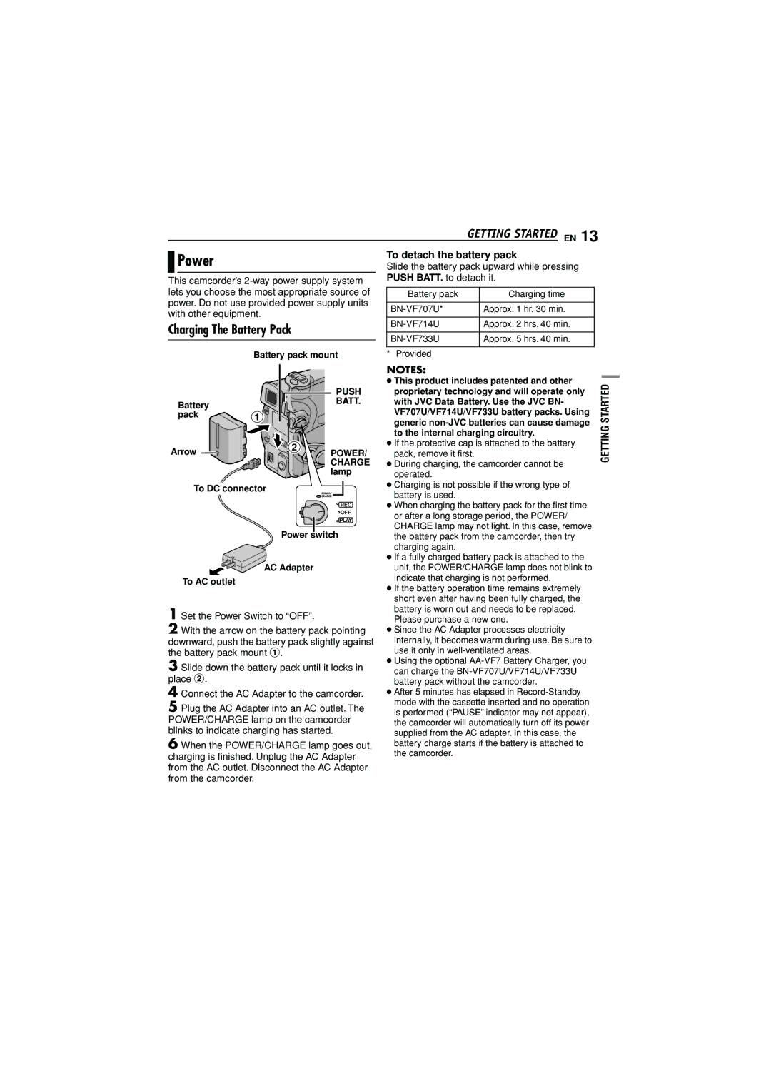 JVC GR-D372U manual Power, Charging The Battery Pack 