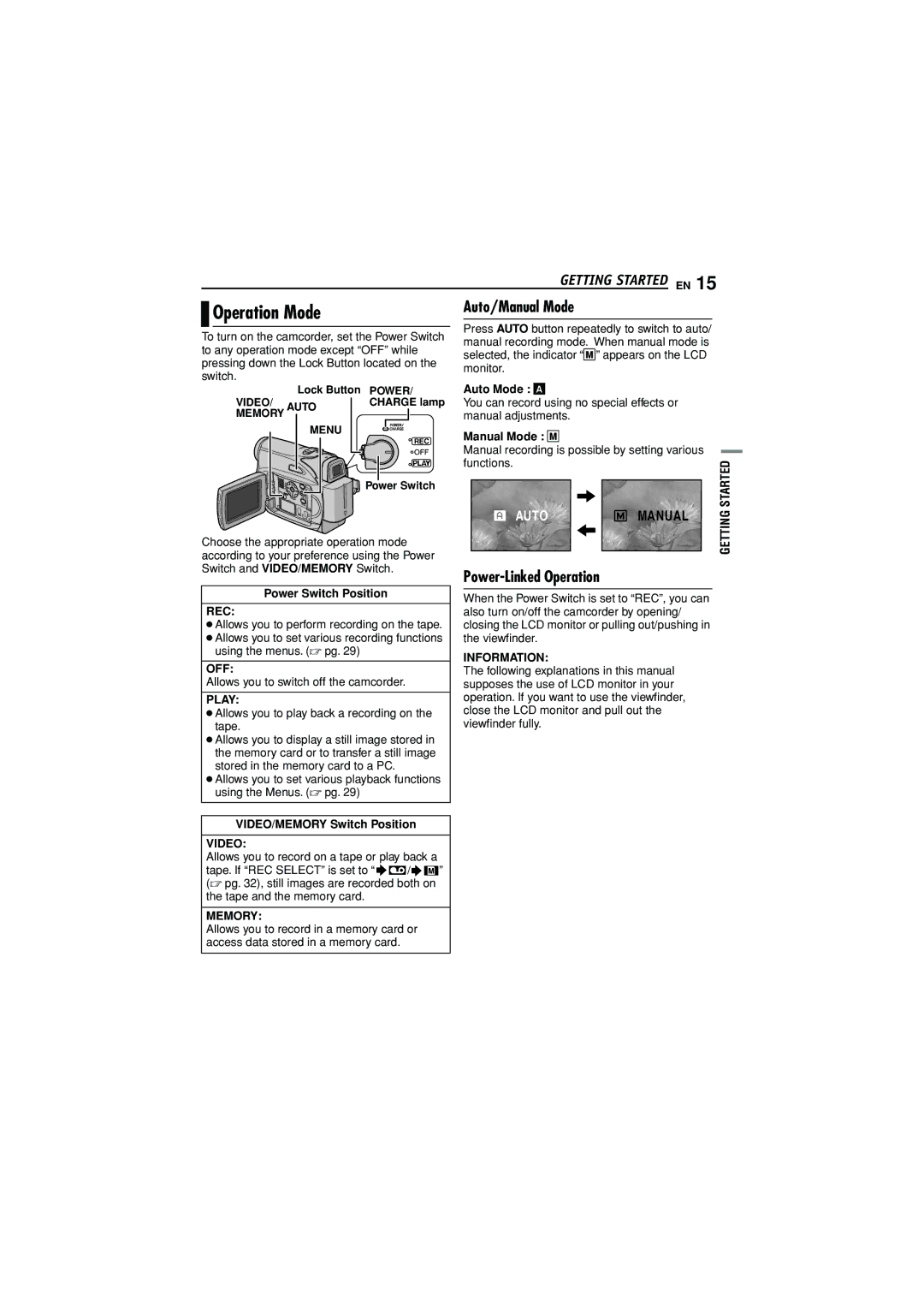 JVC GR-D372U manual Operation Mode, Auto/Manual Mode, Power-Linked Operation 